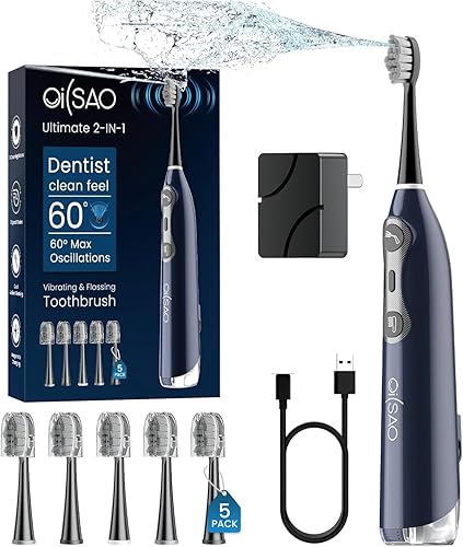 Cepillo de dientes 3 en 1 con hilo dental, vibra y oscila 60, cepillo de dientes eléctrico con hilo dental de agua, equipa 5 cabezales de cepillo,