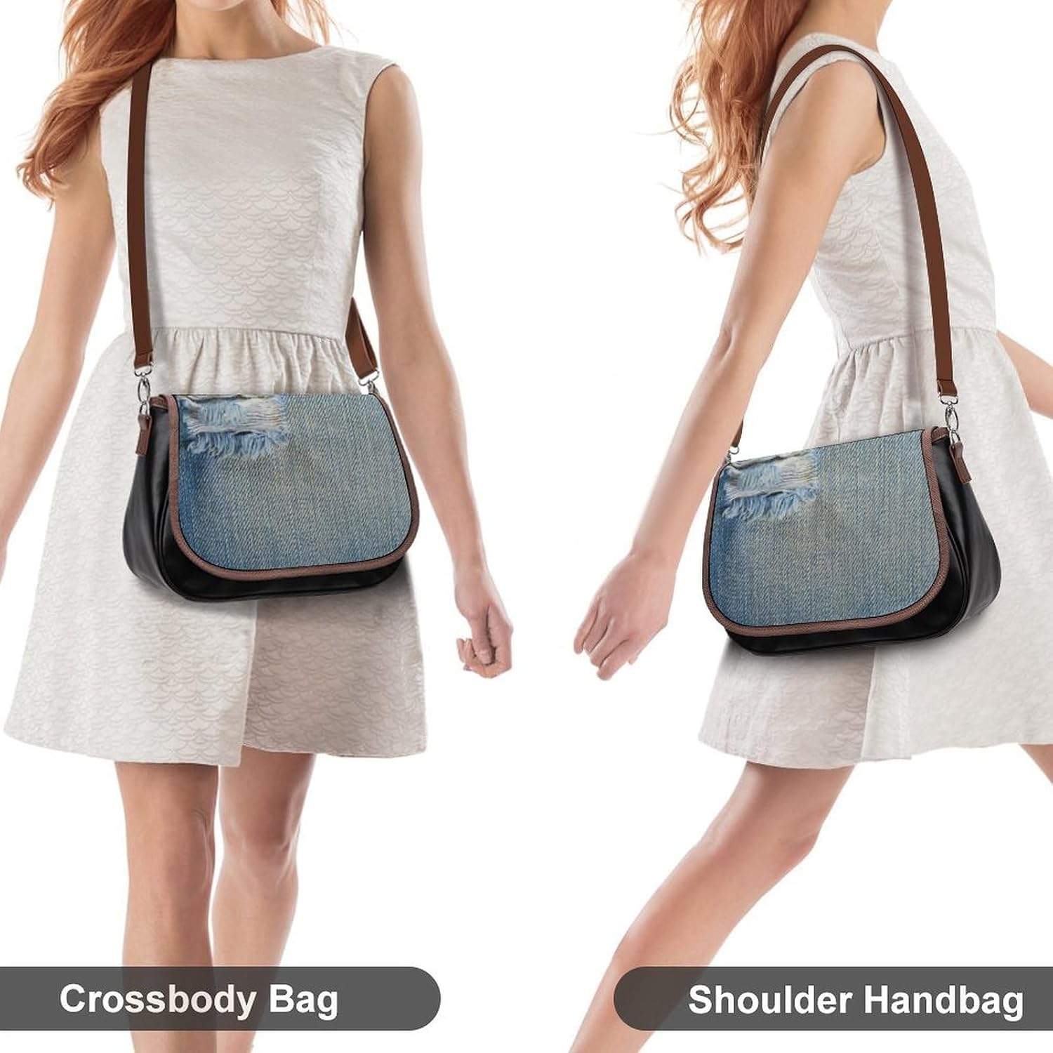 Ripped Denim Blue Jeans with Shredded ThreadsWomen's Faux Leather Crossbody Bag, Waterproof Wrinkle-Resistant Shoulder Bag with Detachable Strap, Large Capacity Casual Handbag, Fashion Daily Purse for