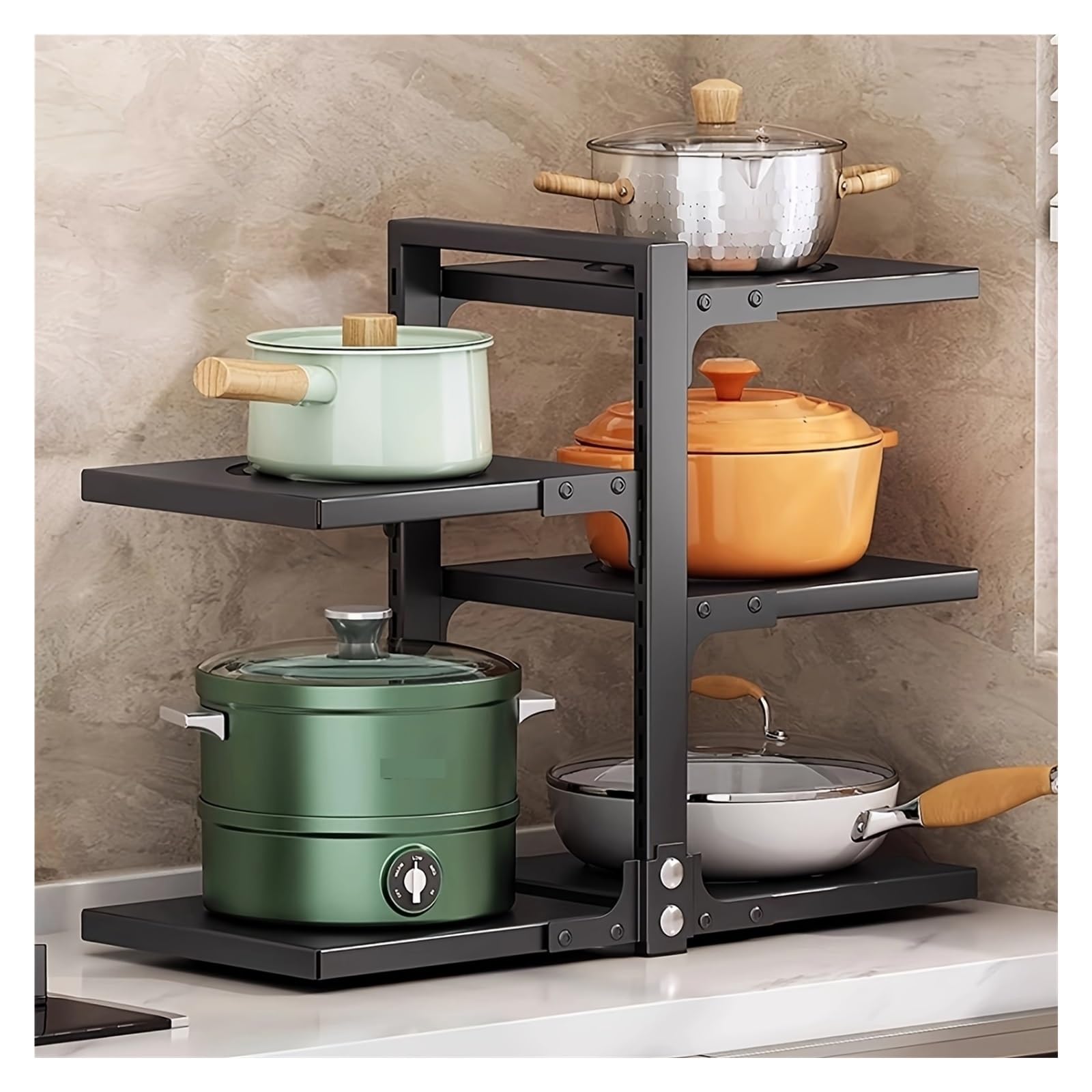 YXINAER Pots and Pans Organizer 5-Tier Adjustable Pot Organizer Rack - Double-Sided, Extendable Multi-Functional For Kitchen Cookware, Under Sink & Countertop