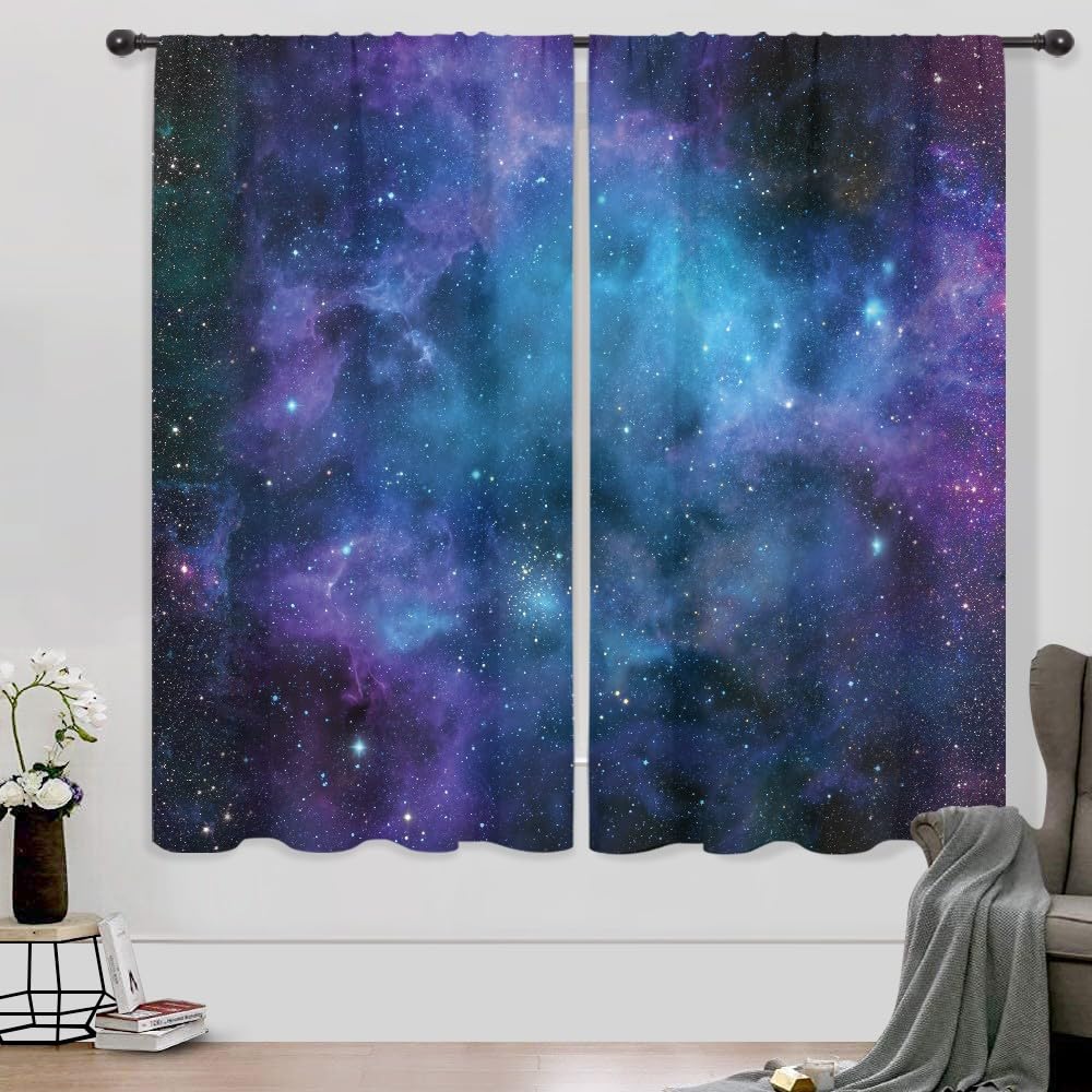 Riyidecor Niebiańskie zasłony dla dzieci i chłopców, z kieszenią na patyk, 2 panele, 132 x 150 cm, niebieska planeta, mgławica wszechświat, gwiaździste niebo, do salonu i sypialni, tkanina traktowana