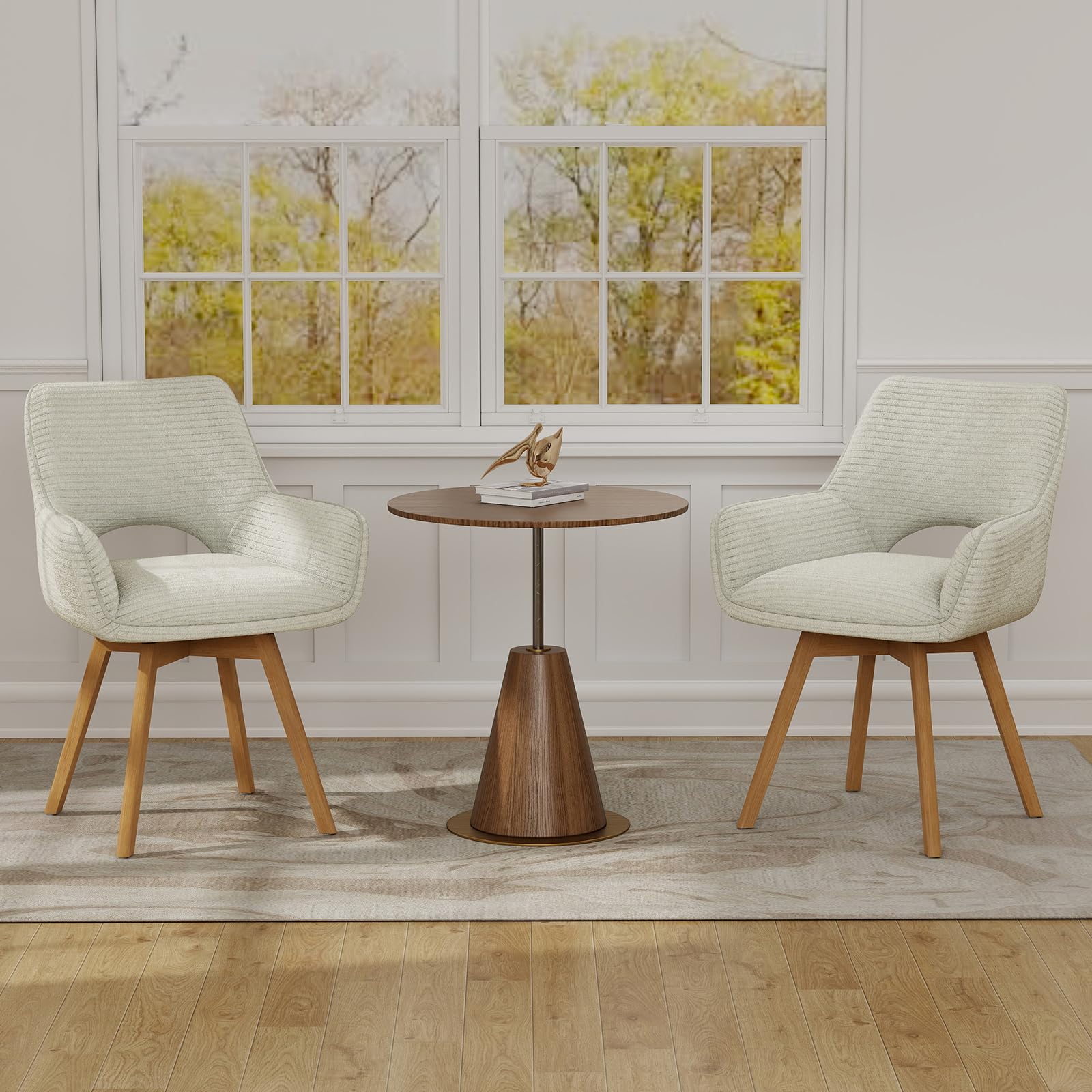 JIJIAN Juego de 2 Sillas de Comedor Giratorias 360°, Beige | Silla de Cocina con Reposabrazos, Patas de Madera, Silla Tapizada Moderna de Terciopelo de Canalé para Cocina, Comedor, Salón