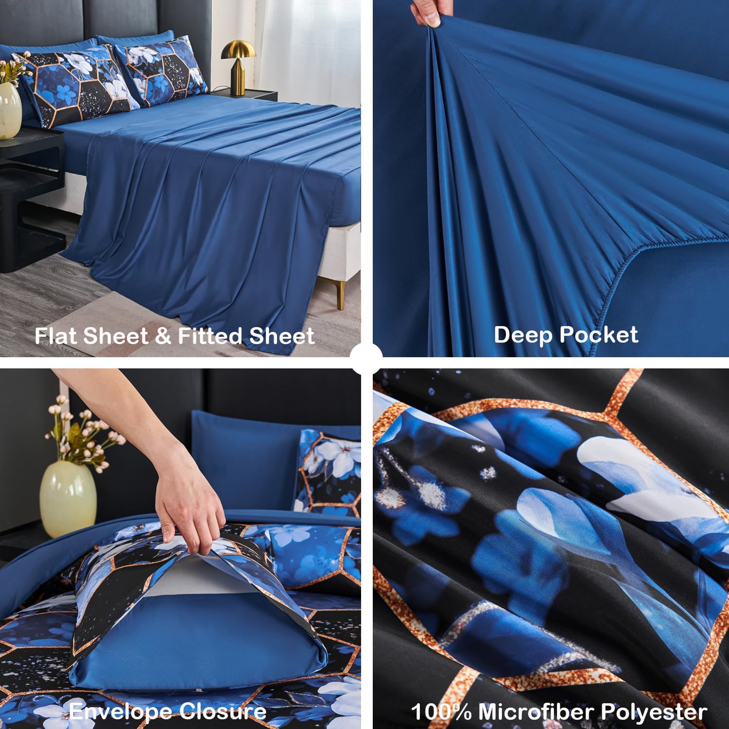 ANGIYUIN 7 Pieces Blue Black Marble Queen Bed in A Bag White Flowers Comforter Sets Gold Geometric Honeycomb Bedding Sets for Women Men