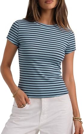 CHYRII Womens Lyocell Summer Tops Striped Casual Short Sleeve T Shirts