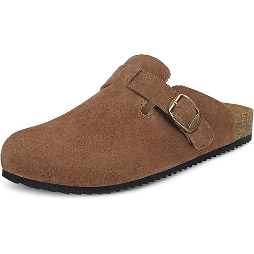 Intini Womens Suede Clogs Mens Leather Mules Cork Footbed Sandals with Arch Support