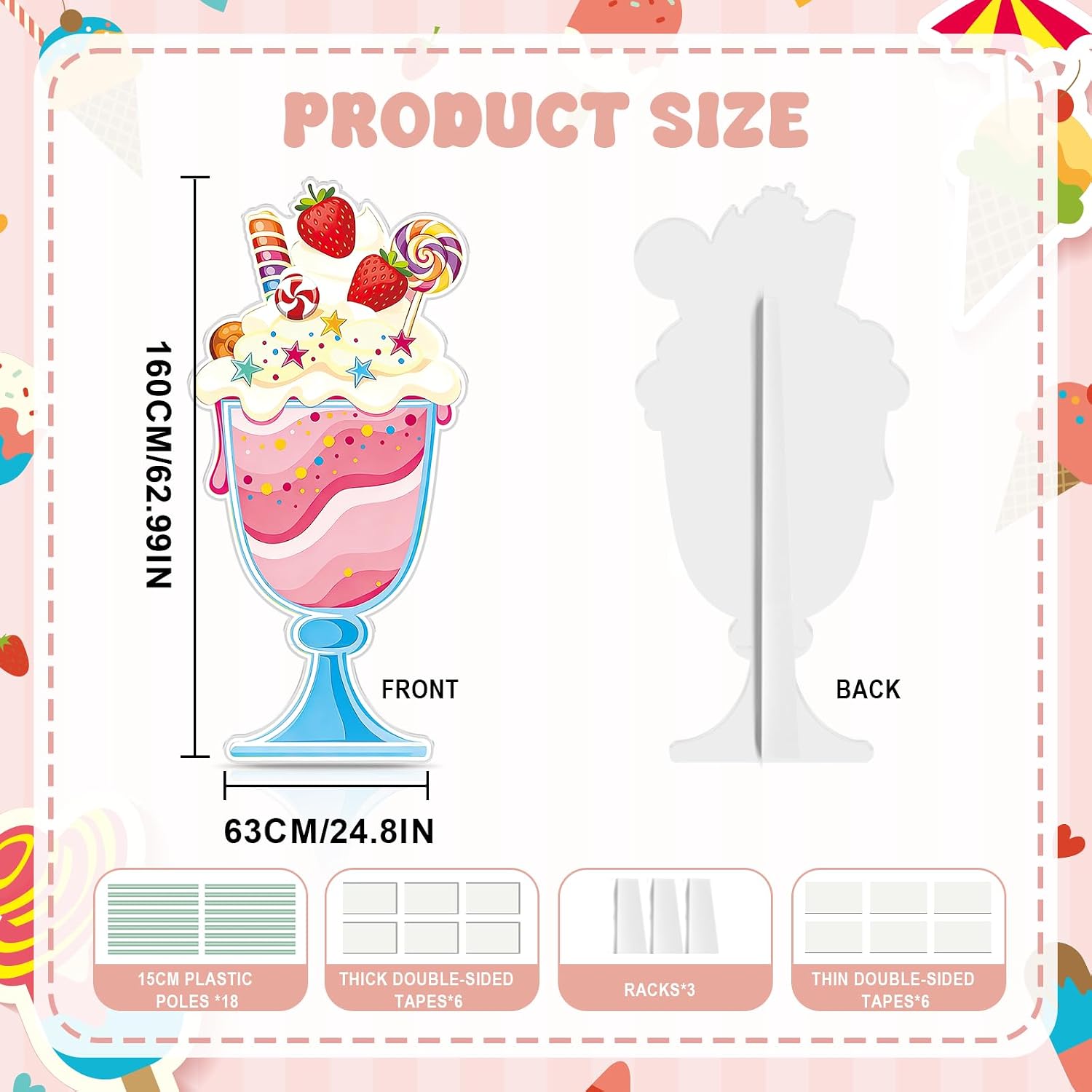 5.25 FT Large Ice Cream Cardboard Cutout Decoration Ice-Cream Sundae Cardboard Cutout Stand Up Life Size Milkshake Candy Land Party Photo Props Backdrop Summer Birthday Party Baby Shower Wedding Decor