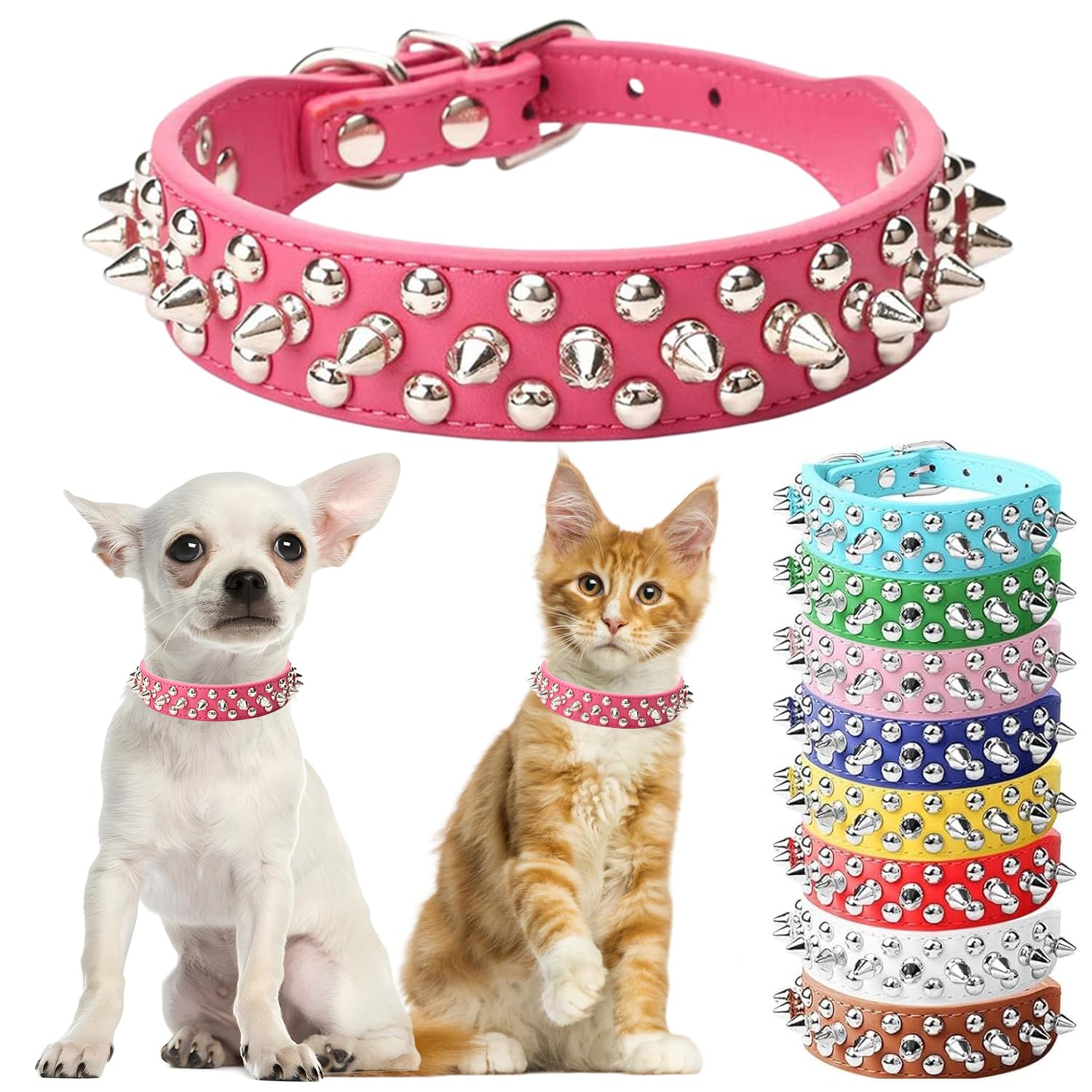Hot Pink Dog Collar with Spikes, Girl's Spike Puppy Collars Leather Mushrooms Rivet Female Studded Cat Collars Adjustable for XXS XS Medium Large Dogs