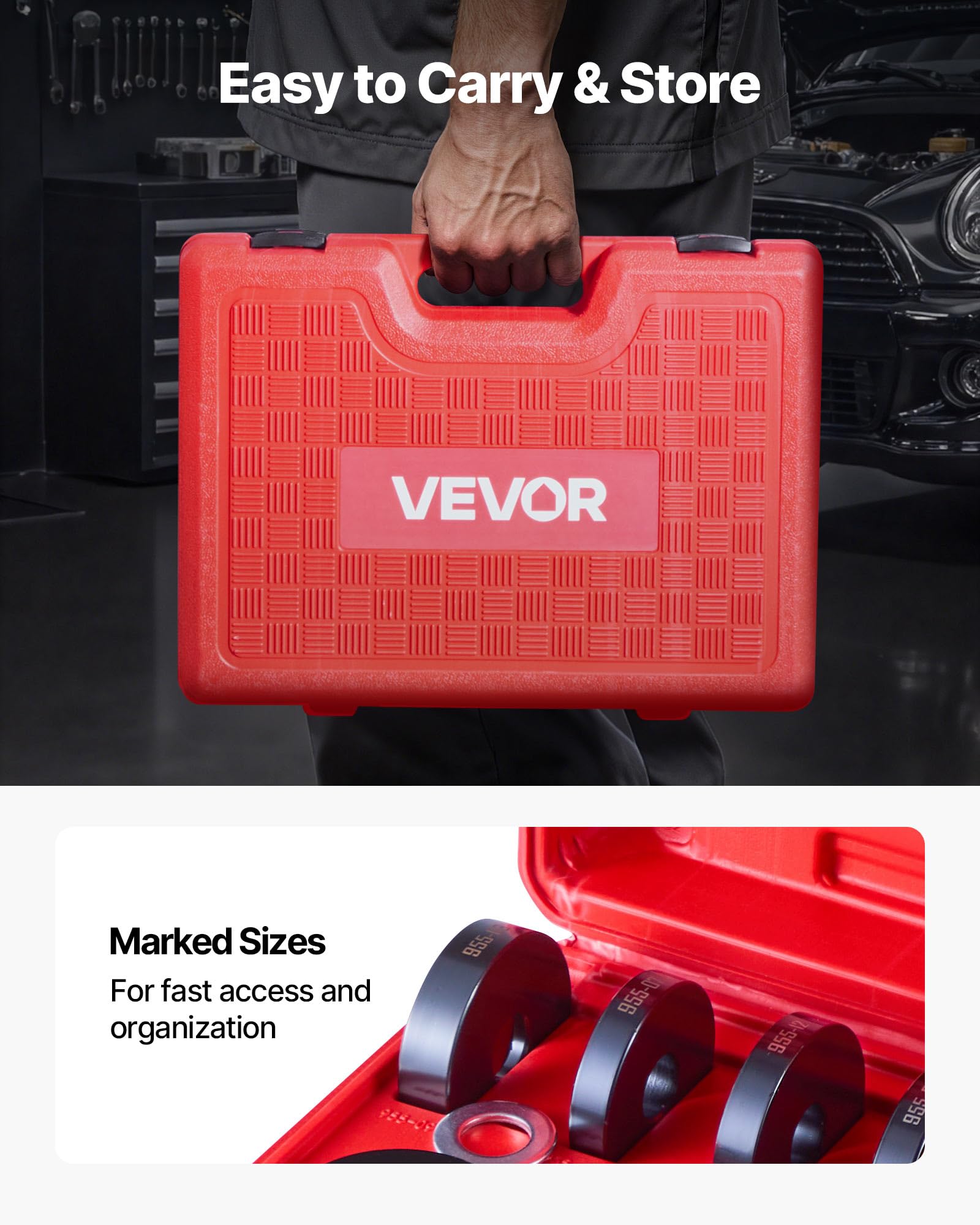 VEVOR Kit Pressa per Cuscinetti, 10+24 Pezzi, Utensile per Boccole, Set per Piste e Guarnizioni con 13 Boccole, Telaio a C e Manicotti, Strumenti di Installazione e Rimozione con Custodia