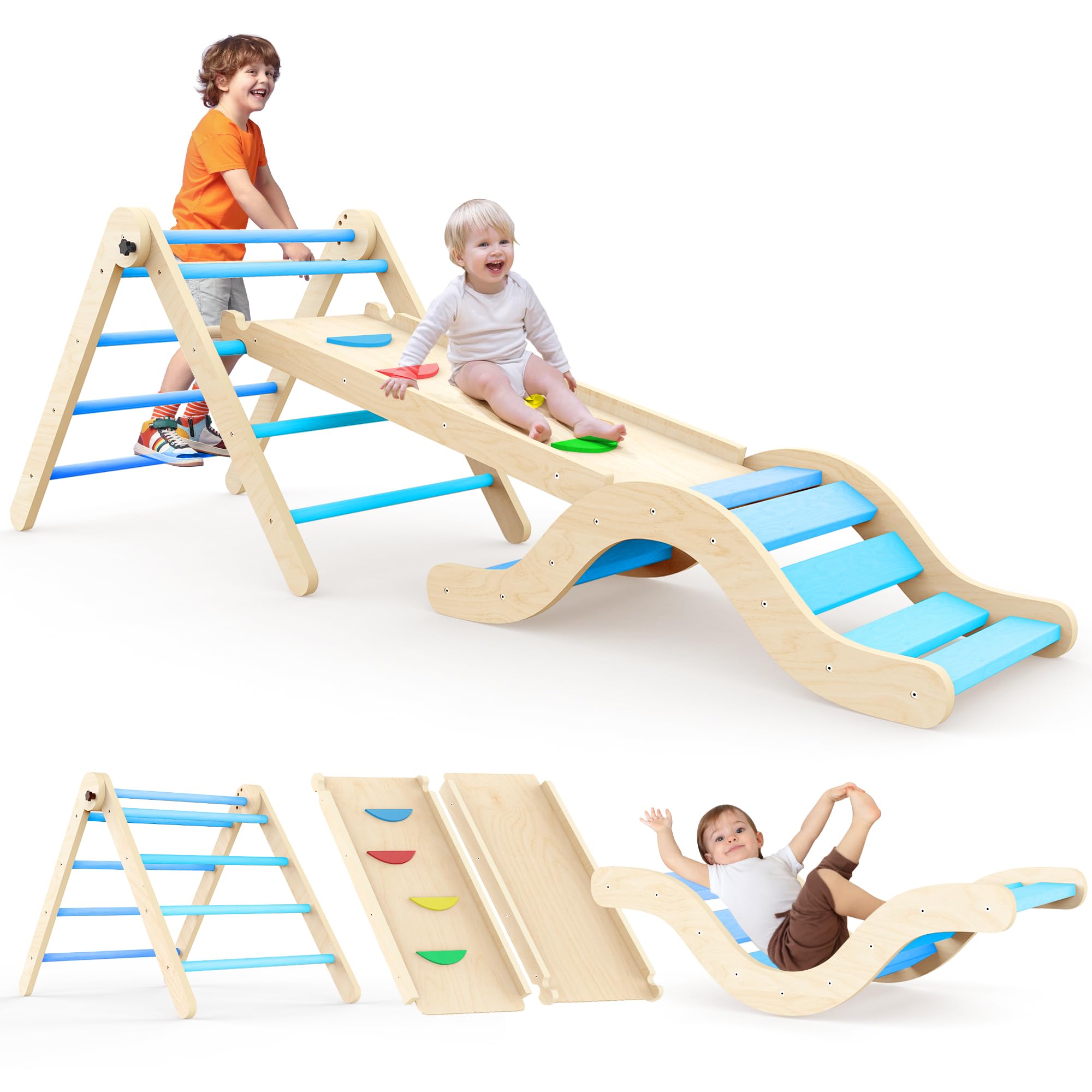 Montessori Indoor Spielset: 7-in-1 Klettergerüst mit Rutsche, Bogen & Matte für Kleinkinder und Kinder (1-3 Jahre) (Blue)