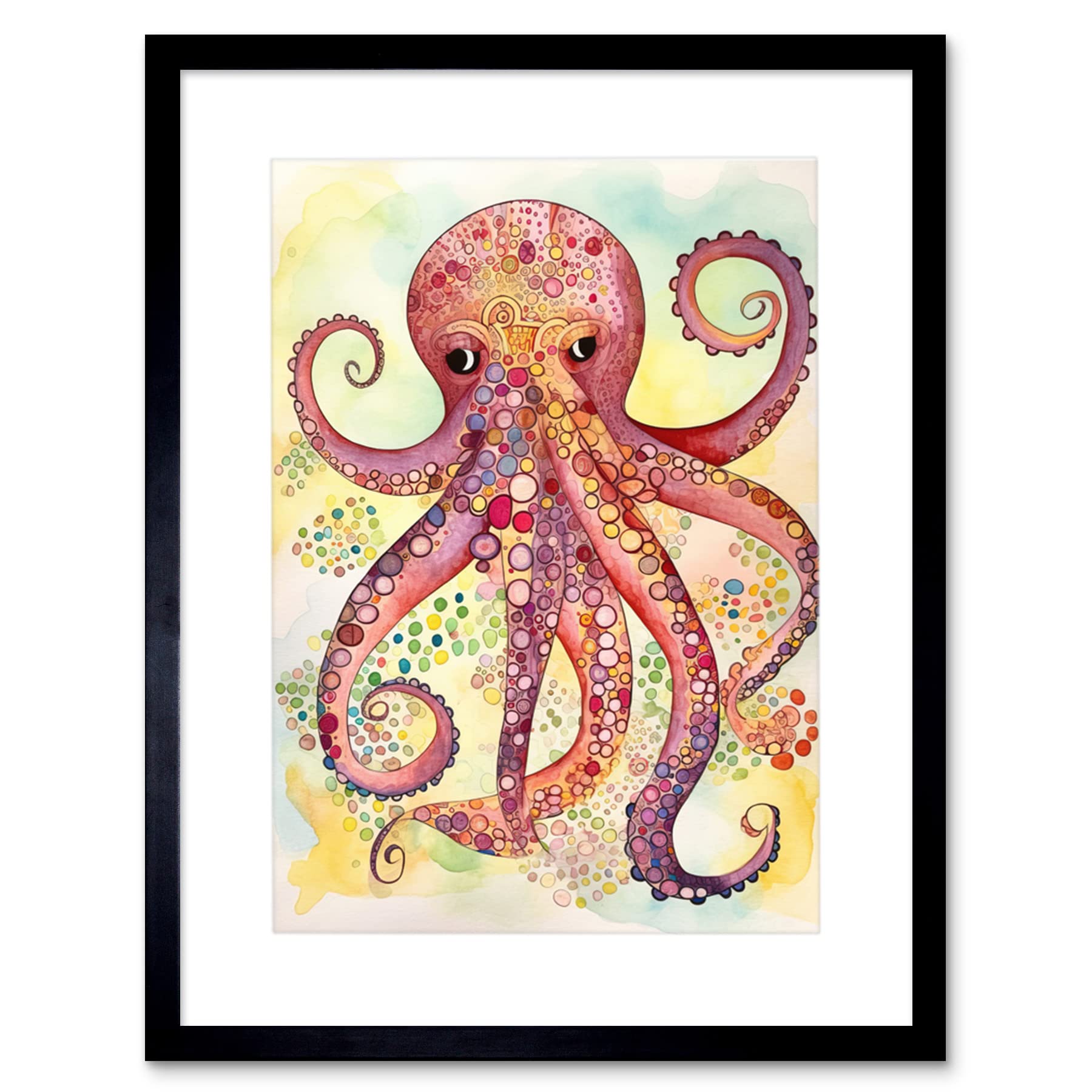 Artery8 Octopus Portrait Bright Folk Art Watercolour Painting Artwork Framed Wall Art Print 12X16 Inch