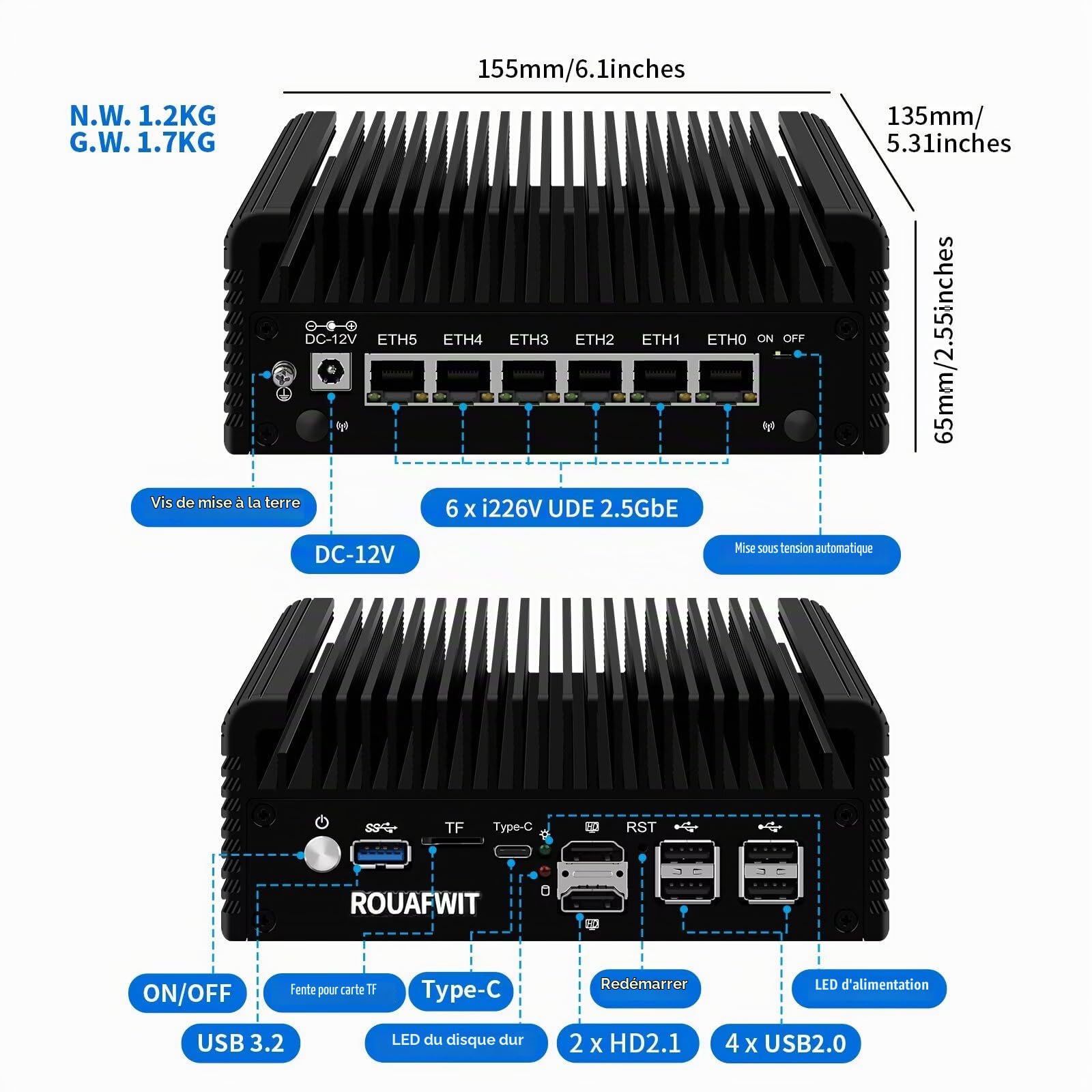 Micro Firewall N150 Fanless Mini PC, DDR5 8GB RAM 128GB SSD Router Appliance Computer, Support OS, OPNsense, 6 x 2.5Gbe i226-V Ethernet, TF, Type C, AES-NI
