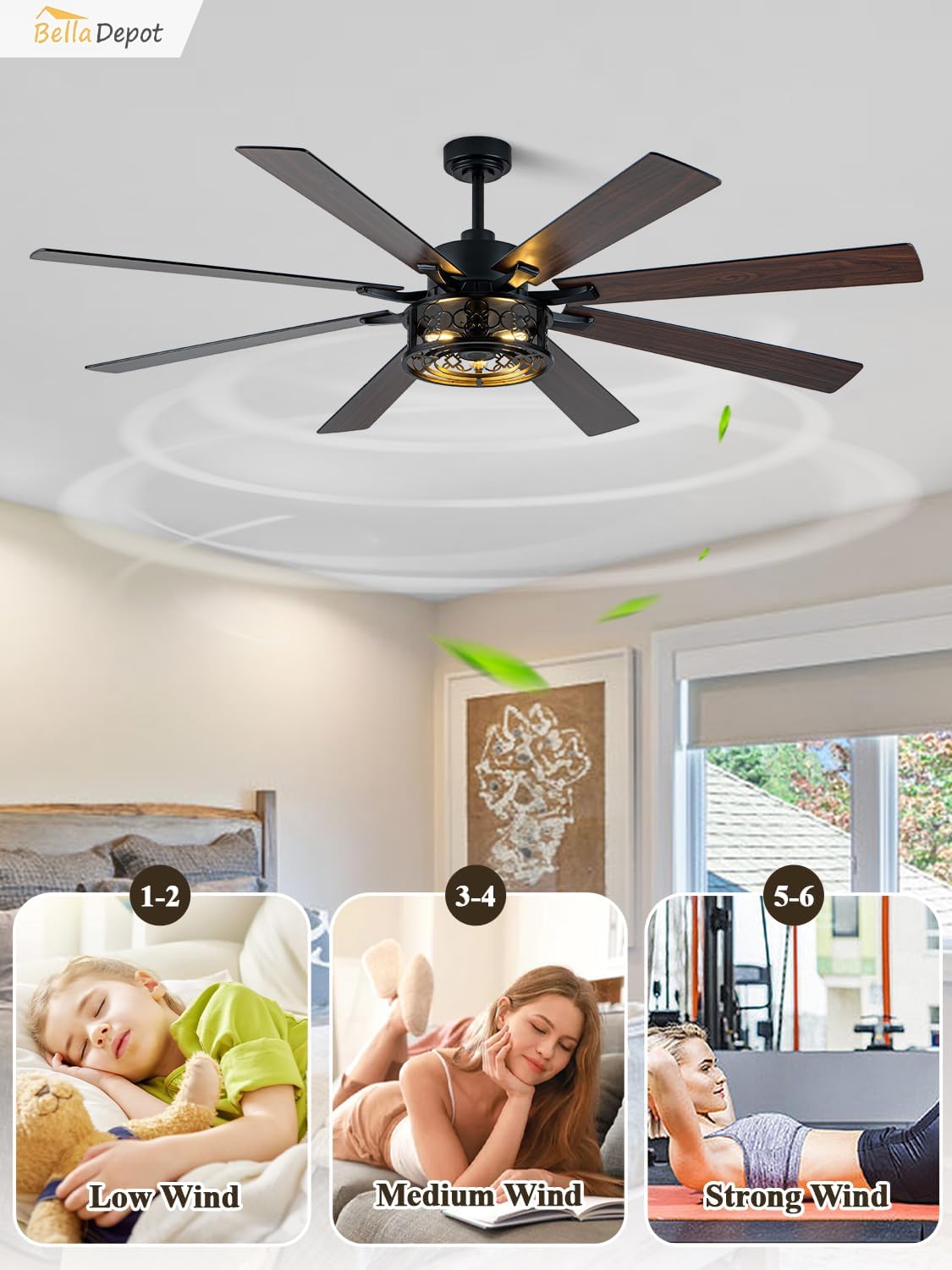 Bella Depot 72" Ceiling Fan with Light, Farmhouse Caged Chandelier Fan with Lights and Remote, Vintage Rustic Indoor Fandelier with Silent Motor for Dining Living Room Bedroom, (Bulbs not Included)