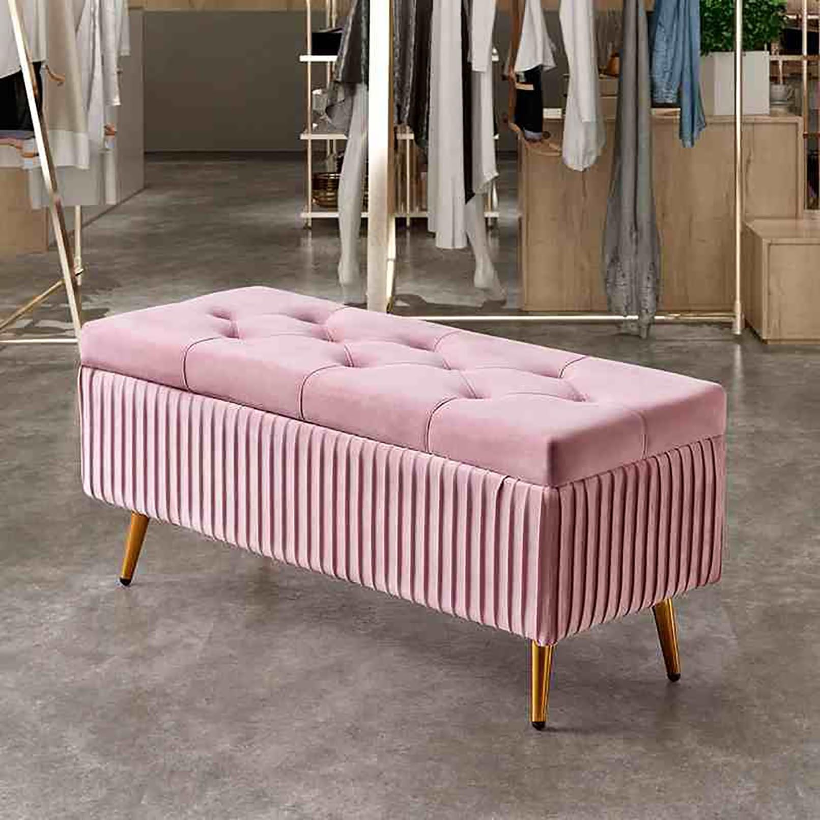 Banc ottoman rangement chaussures bois rose meuble entrée banquette coffre 100x40x45cm