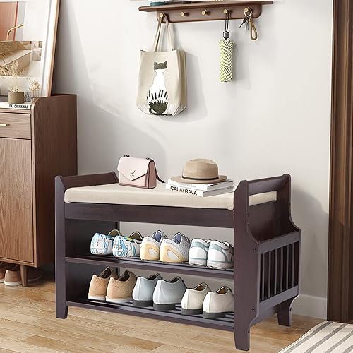 Miniatura 28 de Banco de zapatos de bambú con 3 ganchos laterales, cojín gris extraíble, almacenamiento de zapatos de entrada de 2 niveles, 37.4 x 11.4 x 19.3
