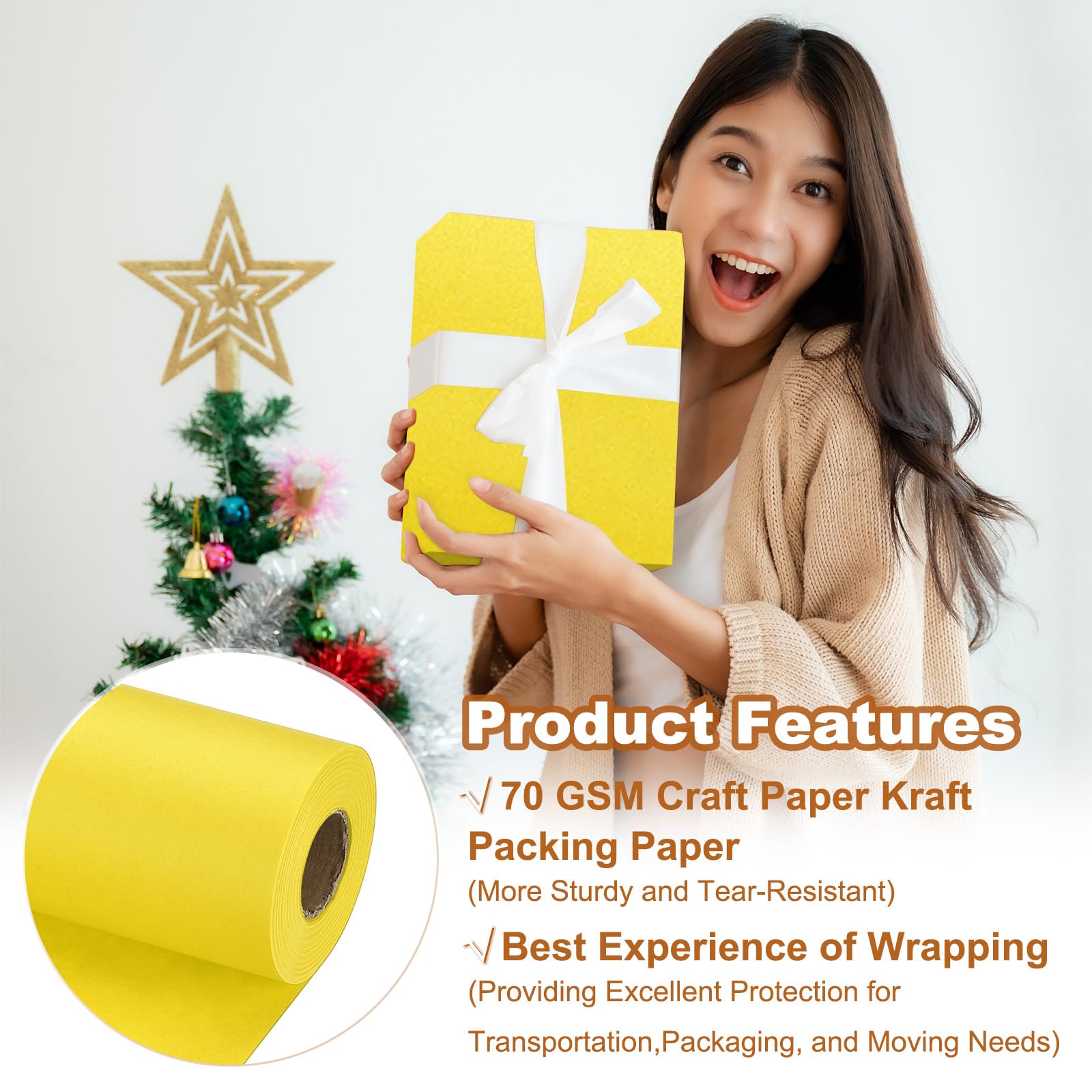 PATIKIL Wrapping Paper, 20" x 700"(59') 70 GSM Craft Paper Roll Kraft Packing Paper for Poster Bulletin Board Gift Wrapping, Yellow - Image 3