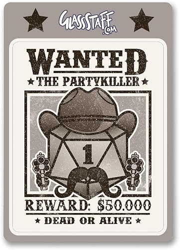 Miniatura 2 de Glassstaff Wanted Partykiller DND - Calcomanías divertidas de Calabozos y Dragones para hombres y mujeres - Calcomanías geniales para adolescentes y