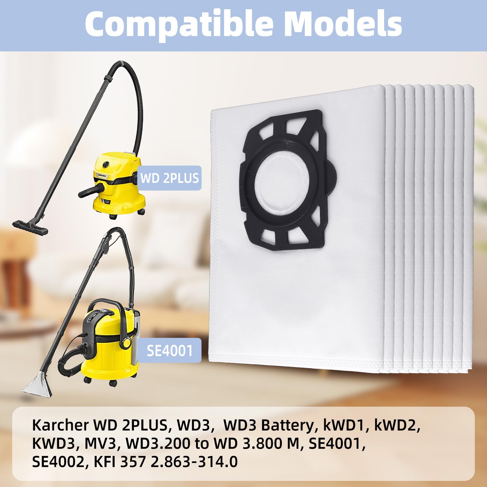 10 sacchetti per aspirapolvere Kärcher WD 2 Plus/WD3/KWD1/KWD2/KWD3/MV3/WD3.200-WD3.800M/SE4001/SE4002 | Sostituisce 2.863-314.0 | Compatibile con aspirapolvere a umido e secco