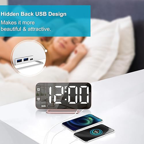 Miniatura 4 de Reloj de alarma LED digital delgado, superficie de espejo para maquillaje, con atenuación, pantalla grande, configuración fácil, puertos USB,