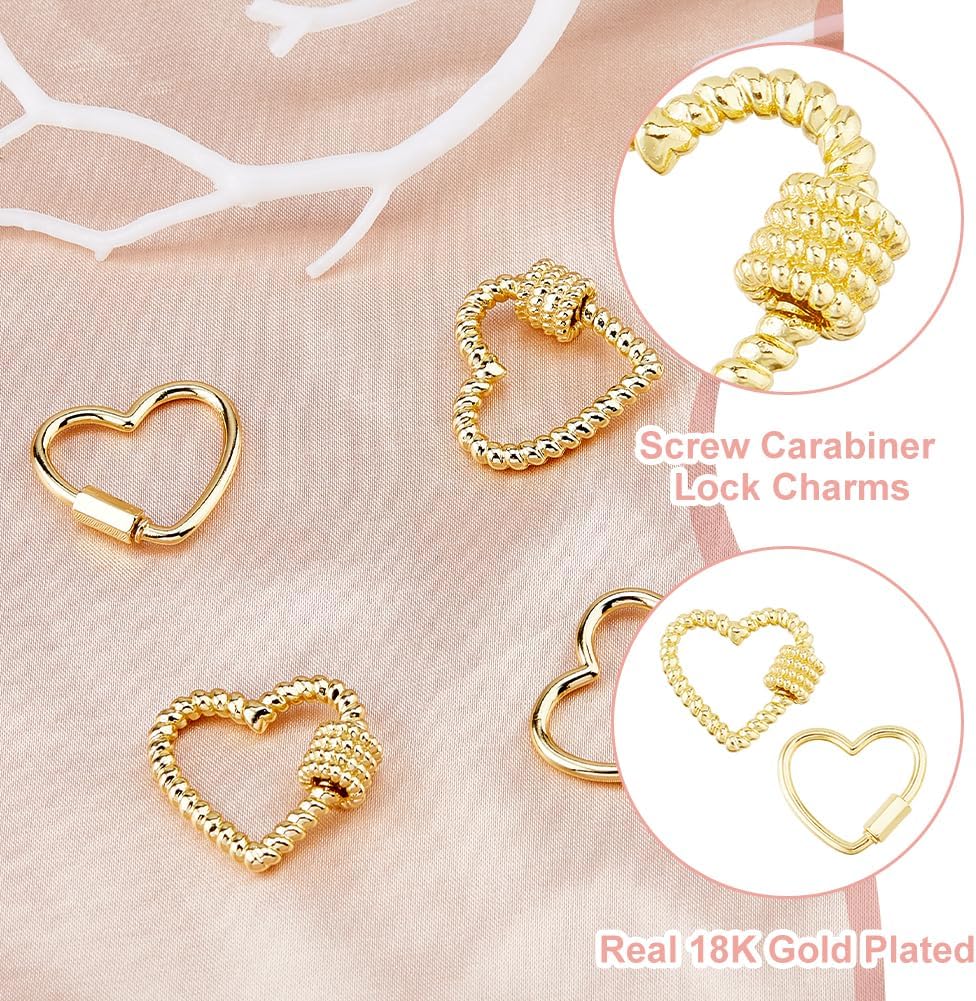 4pcs 18k Gold Plated Heart Carabiner Lock Charms 2 Styles Brass Clasp Screw Locking Clasps for Bracelet Jewelry Necklaces Making Supplies - Image 4