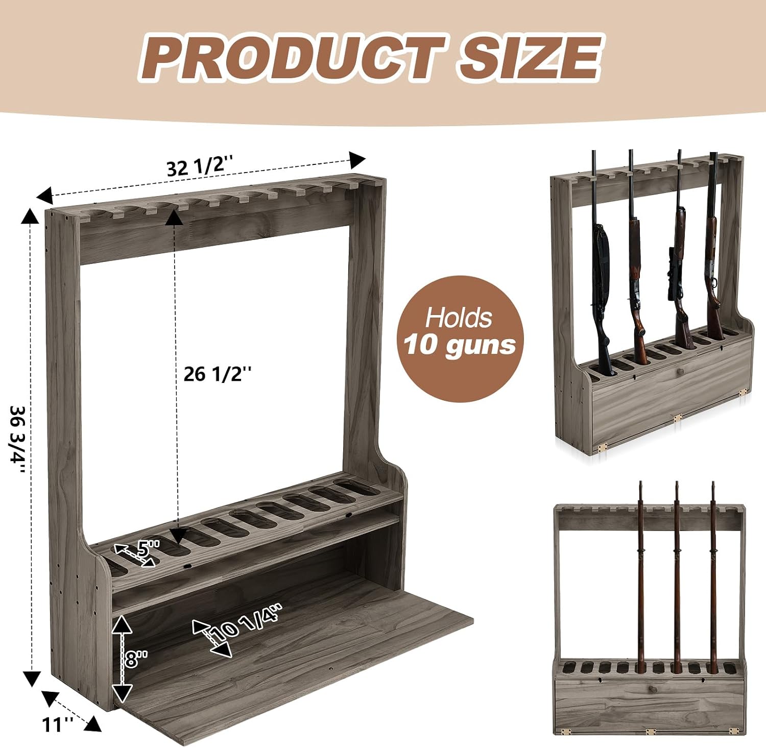Soaoo Gun Racks Holds 10 Long Guns Wooden Rifle Rack Floor Stand Rifle Racks Display Holder Stand with Storage for Firearms Display Storage Home Accessories Office