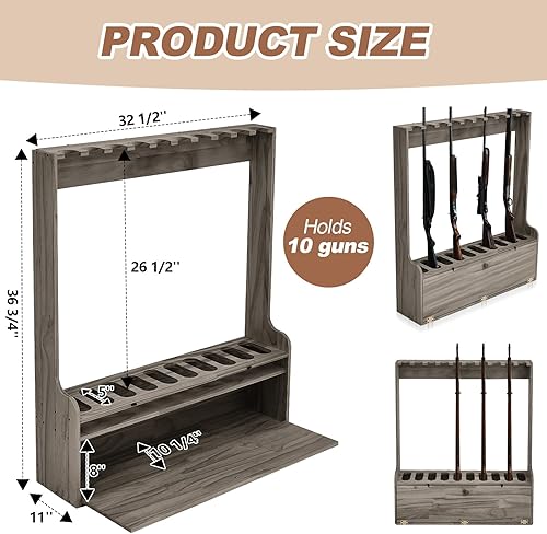 Miniatura 8 de Estante para pistolas, estante de exhibición de madera para pistola de piso de diez pistolas, estante de exhibición de armas con compartimento de