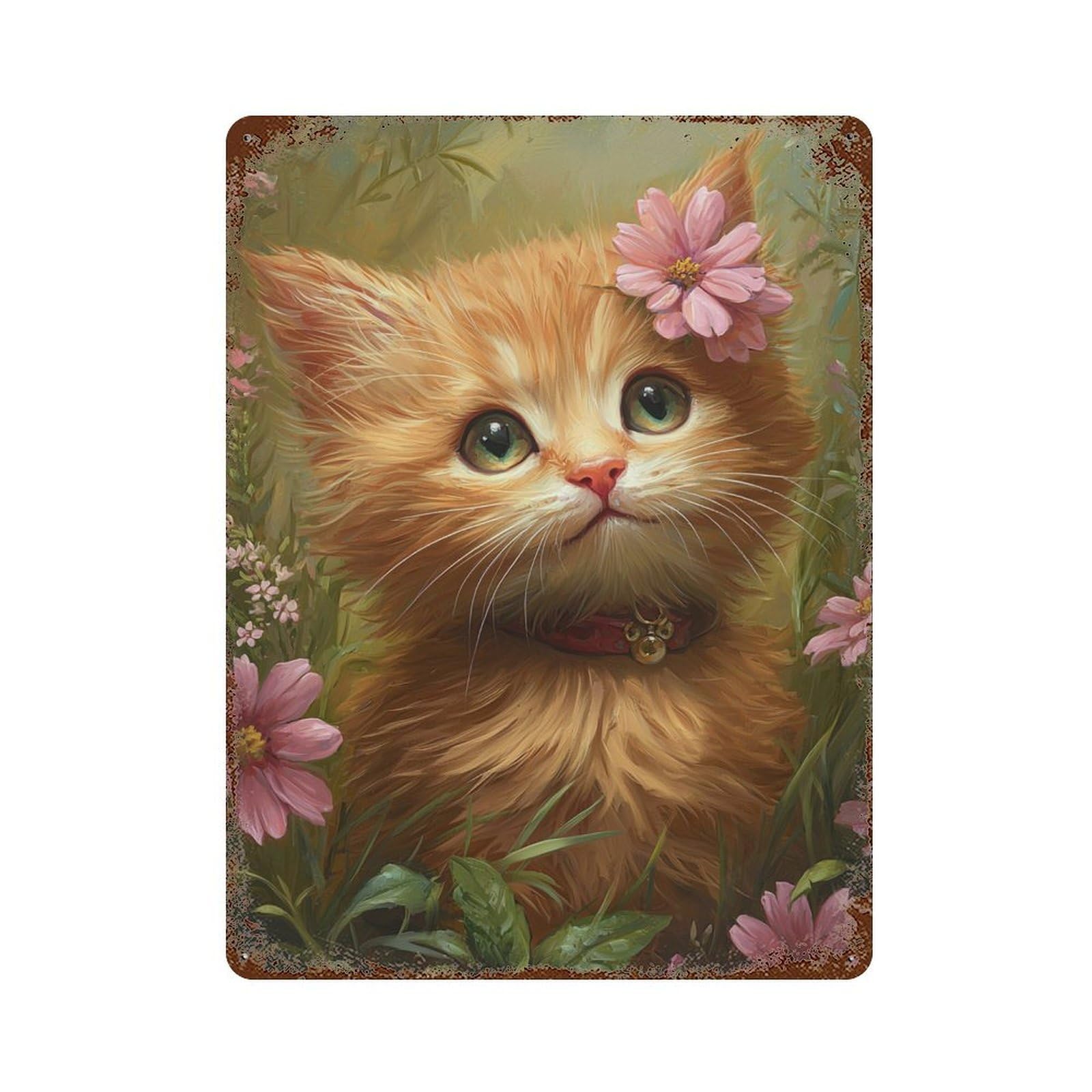 Fluffy Kitten with Pink Flower Aged Metal Wall Plaque 15.7"x11.8", Rustic Home Decor for Garage, Pub Or Kitchen