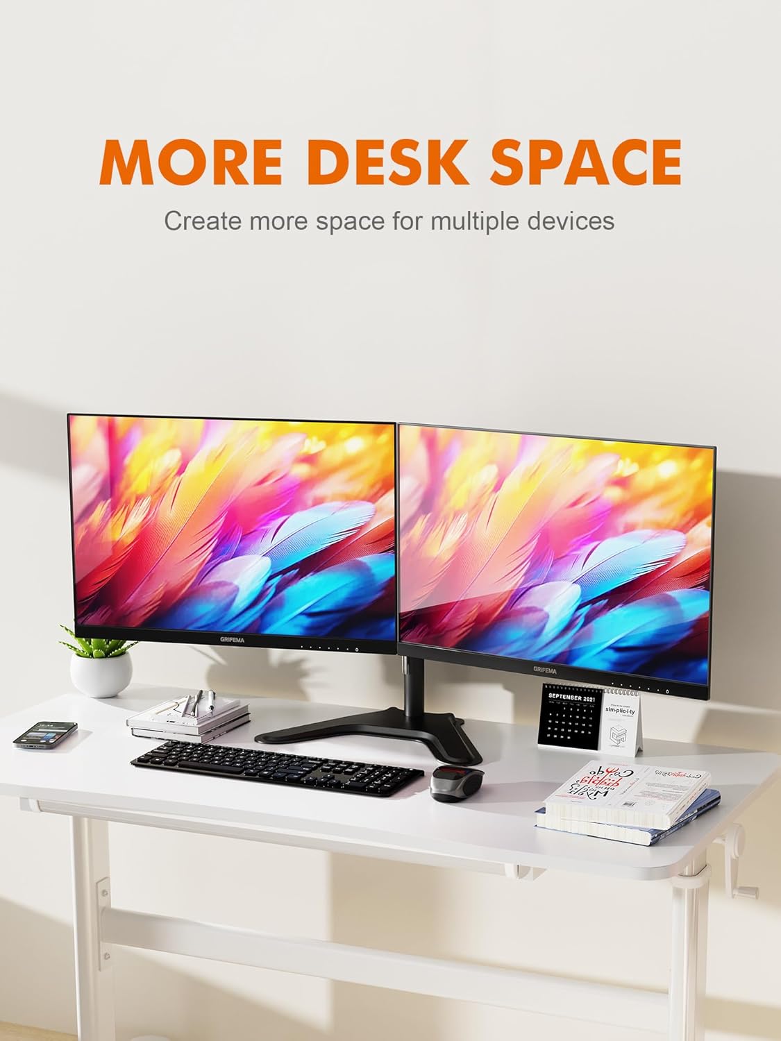 GRIFEMA Two Monitor Stand for 13-32'' LED/LCD Inch, Support 2 Monitors, Monitor Arm Height Adjustable, Tilt, Rotate, Rotate, Cable Management, up to 10 kg, VESA 75/100 mm