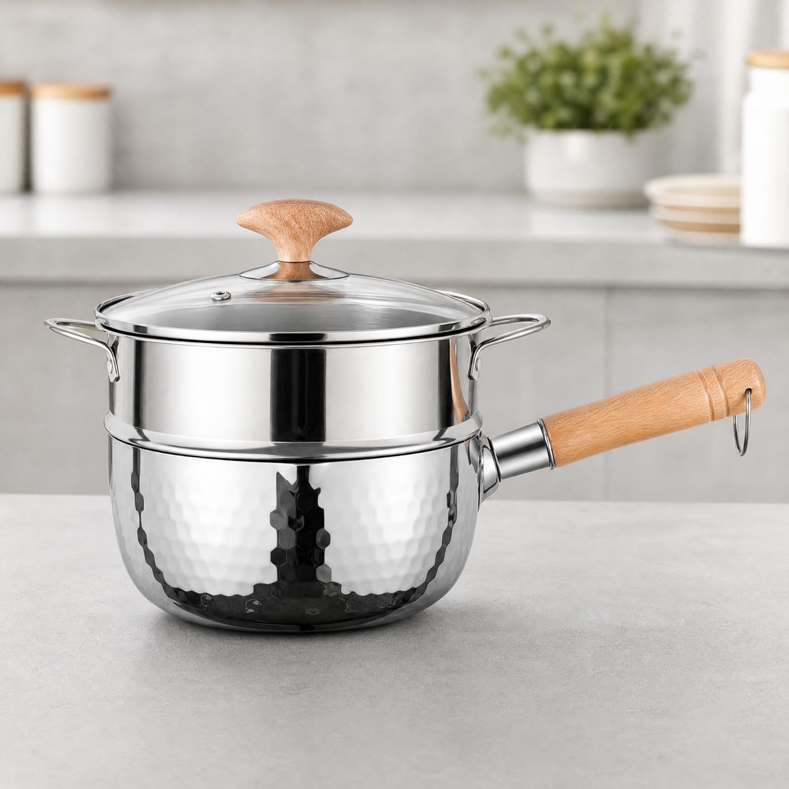 Qianly Casserole En Acier Inoxydable Polyvalent Casserole Poignée Bois Équipement pour Cuisine Quotidienne, 18cm, Couvercle