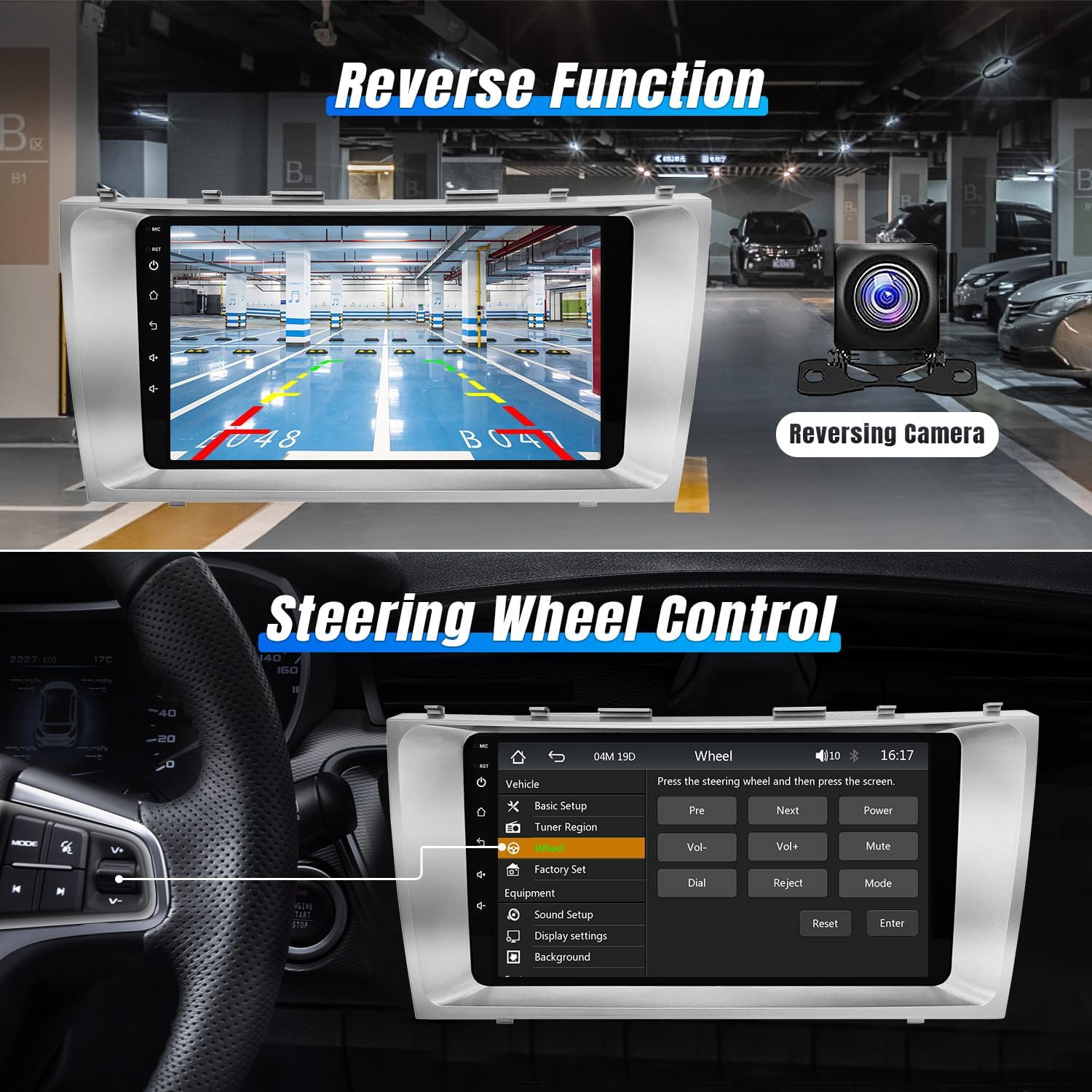 Leadfan car radio displaying rear view camera feed and steering wheel control settings