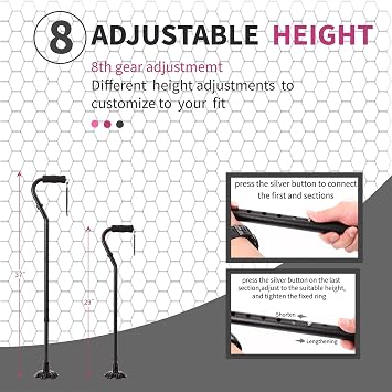 LIXIANG Walking Canes Stablize Women Quad Canes for Seniors & Adults Foldable Adjustable for Men & Women Heavy Duty Freestanding Cane for People with Leg Injuries 3 footings