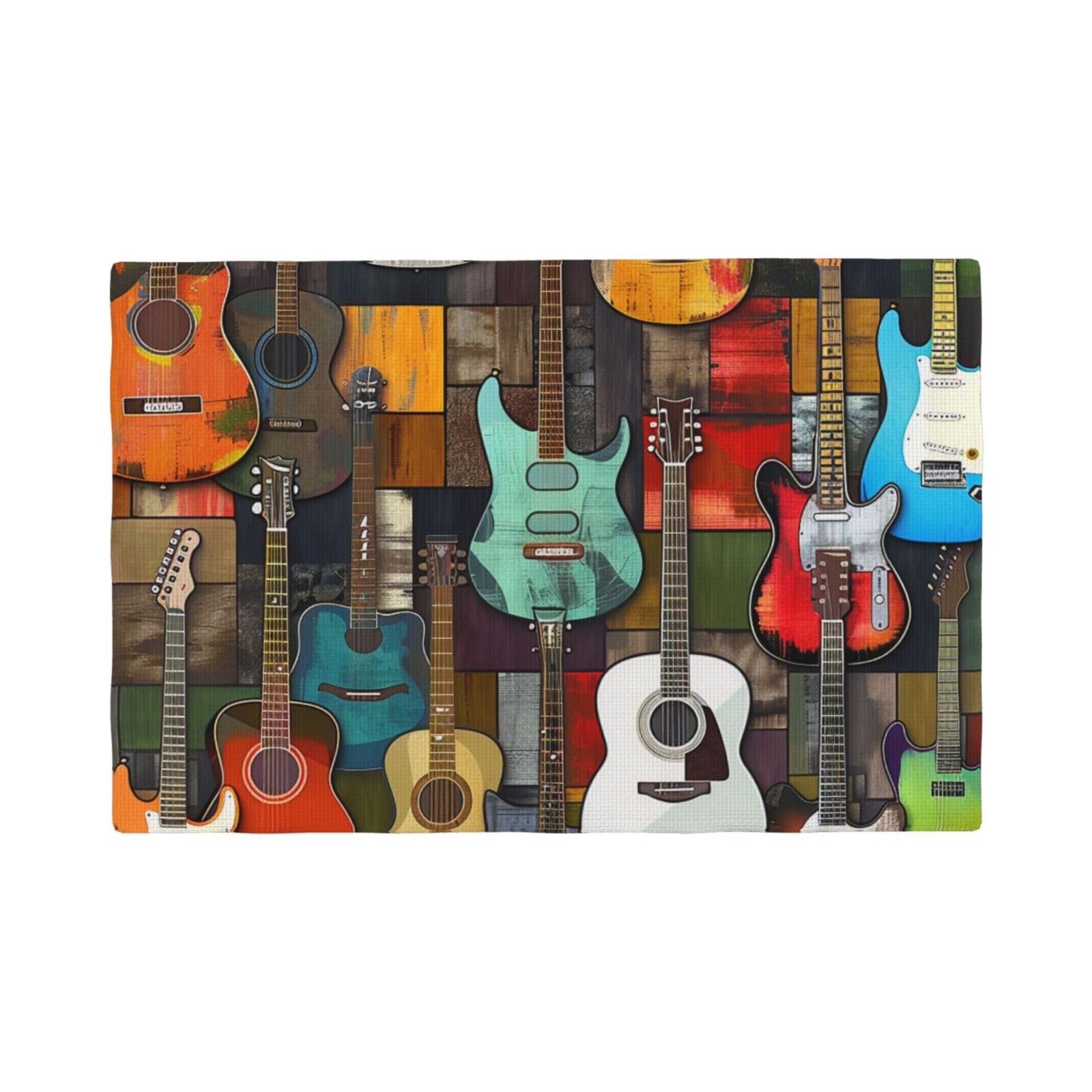 Color Acoustic and Guitars Print Placemats Set, Heat Resistant Washable Placemat 12x18in Table Mats for Party Kitchen Dining Table Decoration Indoor Outdoor, Four Pieces