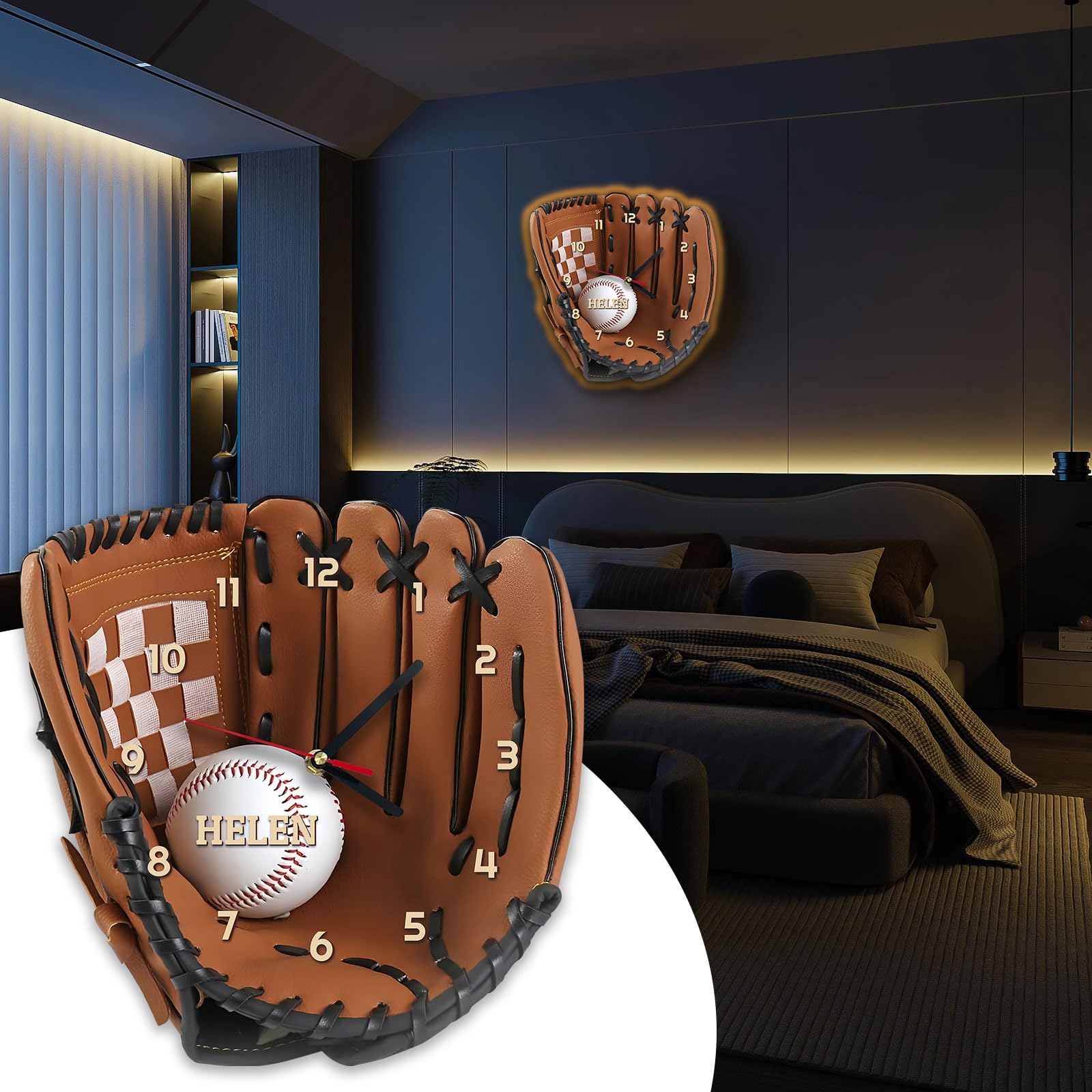 Cadeaux pour hommes,Horloge murale personnalisée avec nom, Horloge silencieuse avec gants de boxe,Décoration intérieure de la chambre à coucher et du salon avec texte personnalisable