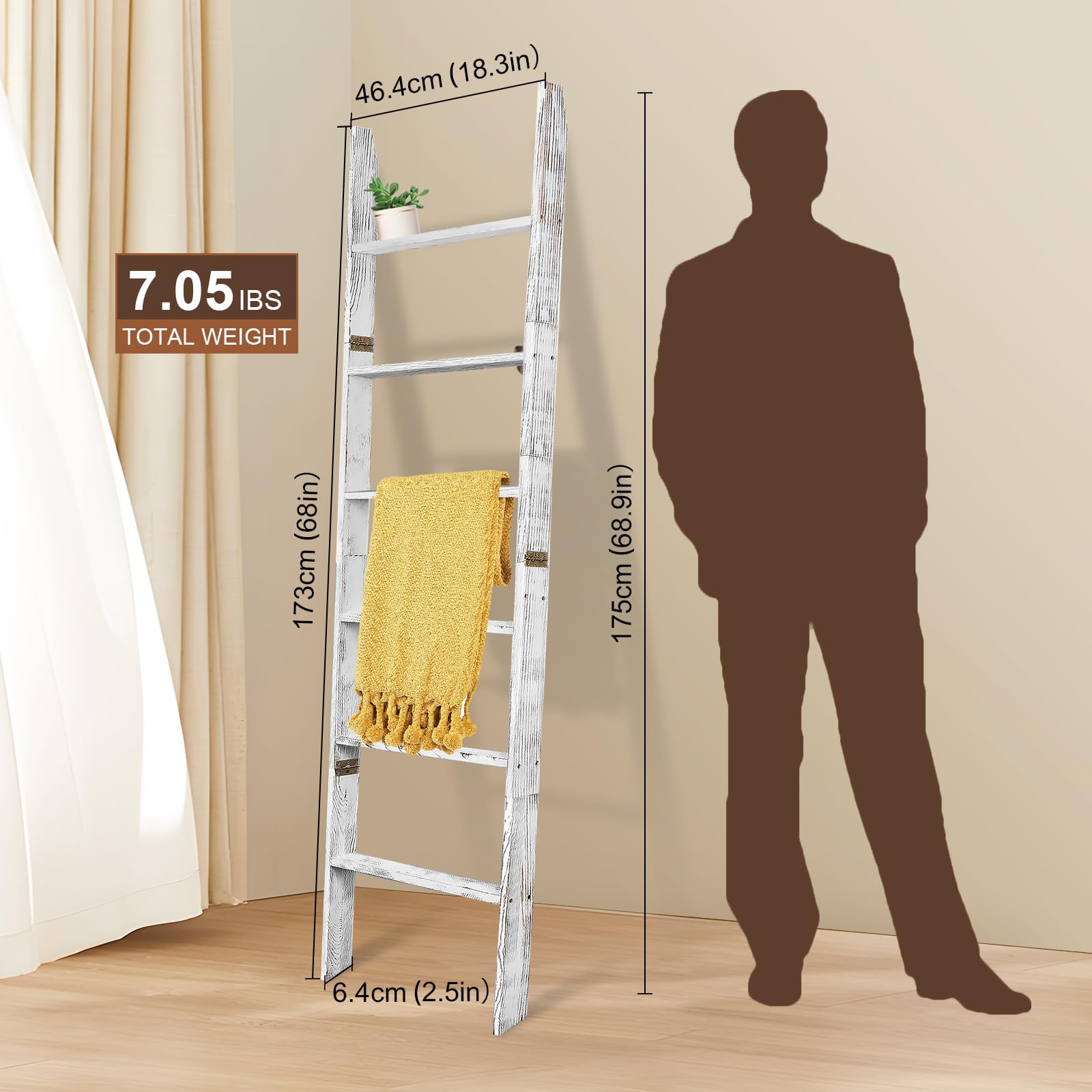 Frescoinder Wooden Blanket Ladder, 18â€?WÃ—68â€?H, 6-Tier Foldable Pine Wood Blanket Storage Rack, Farmhouse Decor, Wall Blanket Holder for Living Room Bedroom Bathroom, Decorative Ladder Shelf, White
