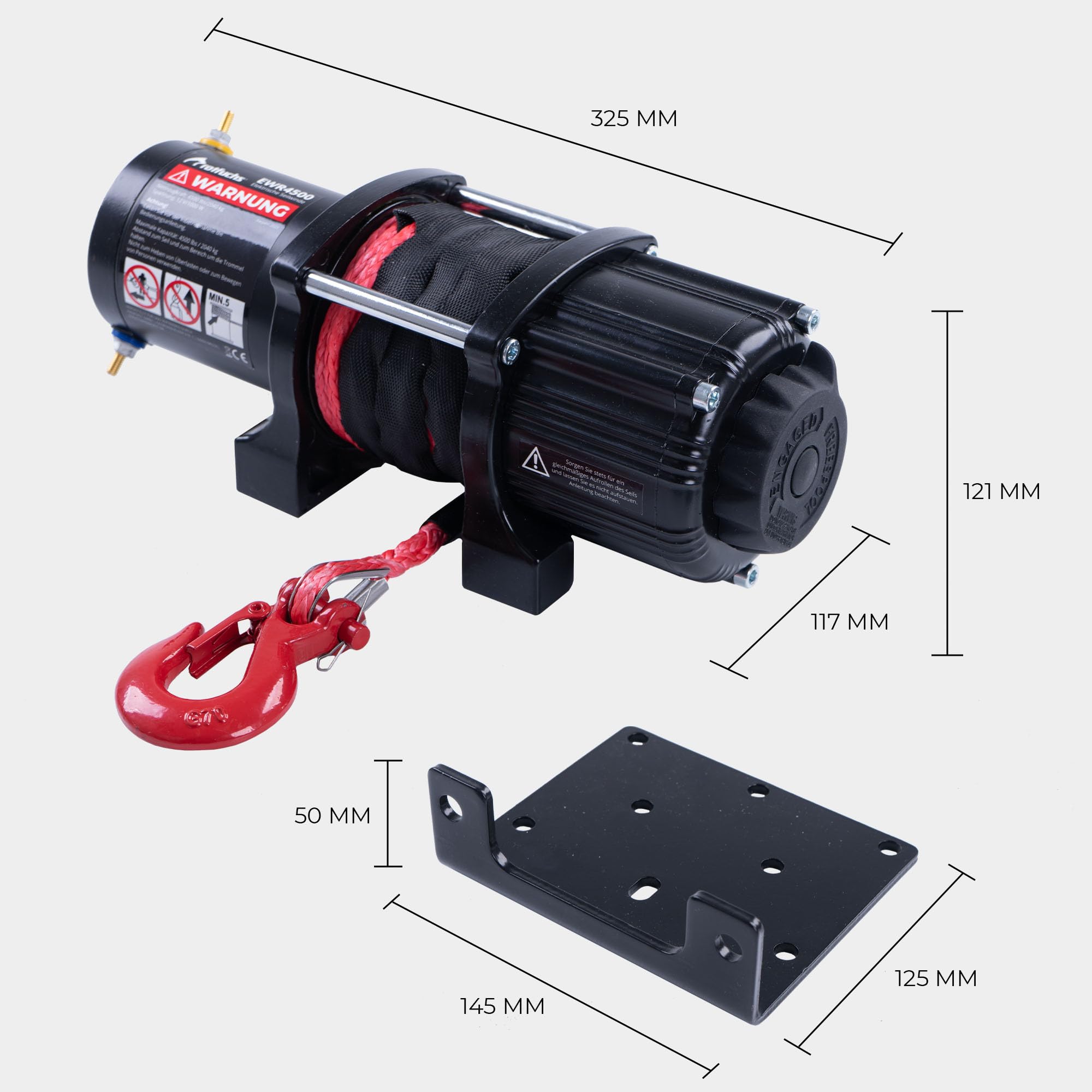 ROTFUCHS Elektrische Seilwinde 12 Volt - 4500 lbs Motorwinde Seilzug, mit Montagehalterung und Fernbedienung, Power Offroad Winde 2041 kg, ATV UTV kompatibel, Synthetikseil