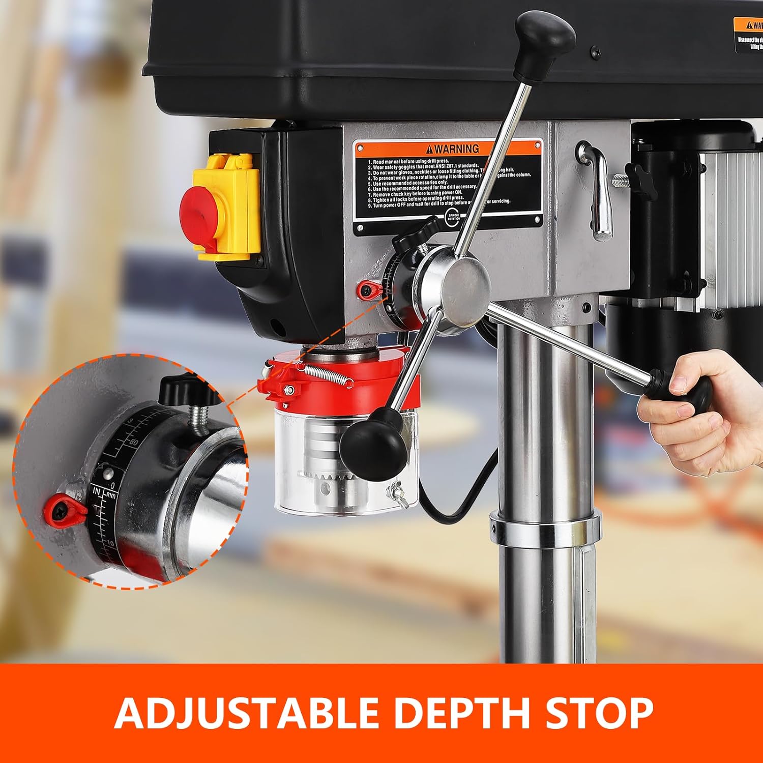 Close-up of the adjustable depth stop mechanism