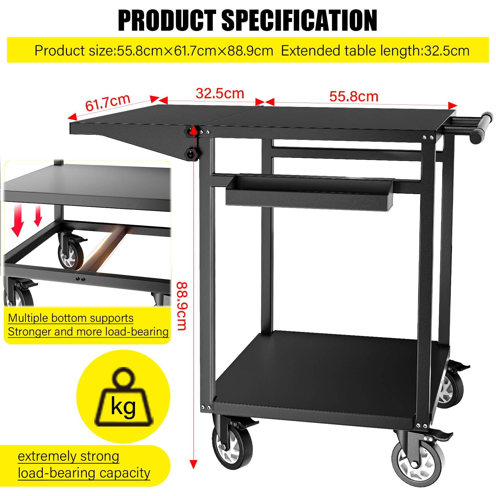 VELPAX Carrello Barbecue, Carrello di Servizio con Pannello Laterale Pieghevole, 87 x 62 x 89 cm Tavolo da Barbecue con Ripiani Regolabili, Ruote, Maniglia per Casa Cortile Patio e Giardino