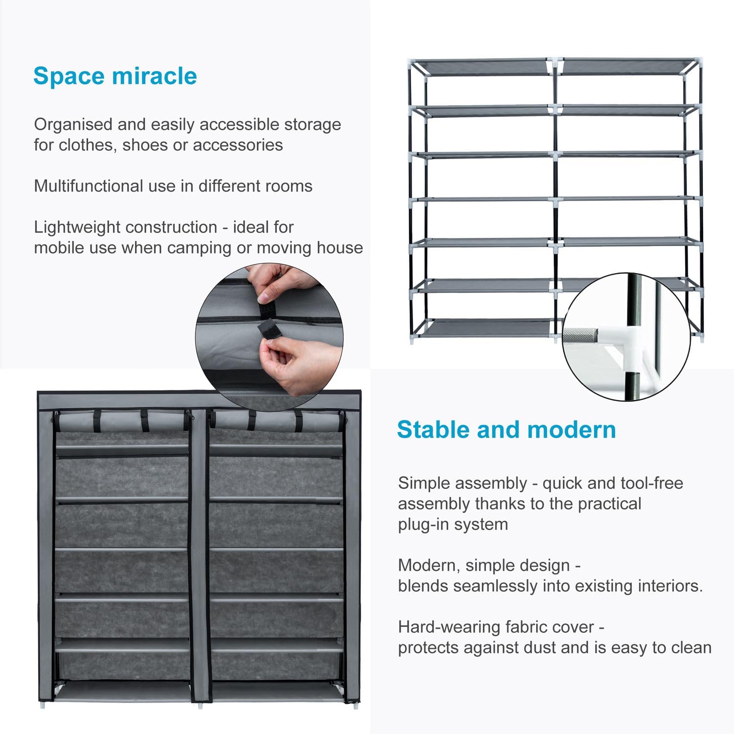 Intirilife Armoire Pliante 120x30x110 cm en Cachet Gris - Fermeture Éclair, Armoire en Tissu, Étagère à Chaussures, 12 Compartiments de Rangement, Camping, Armoire Enfichable