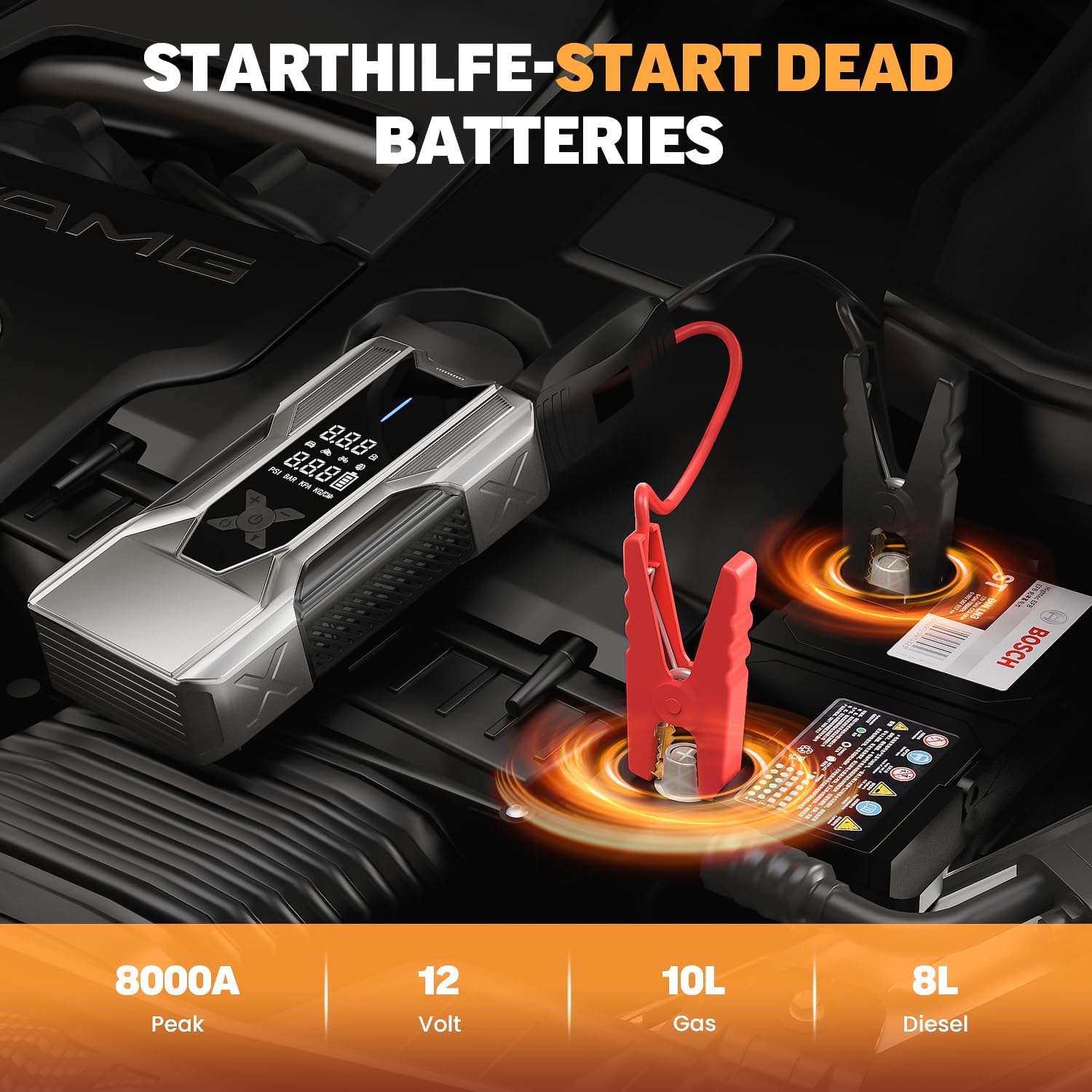 Starthilfe Powerbank für pkw 8000A, Jump Starter Auto mit Kompressor 150PSI, 26800mAh Auto Starthilfe Powerbank für All Benzin und 12.0L Dieselmotor, Autobatterie Ladegerät Eingang/Ausgang