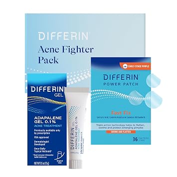 Differin Acne Fighter Pack, Adapalene Gel + Pimple Patches, 15g + 36ct | Retinoid Acne Treatment Bundle, 0.1% Adapalene Gel, Salicylic Acid Pimple Patches, Clears Breakouts, Acne-Prone Skin, Adults