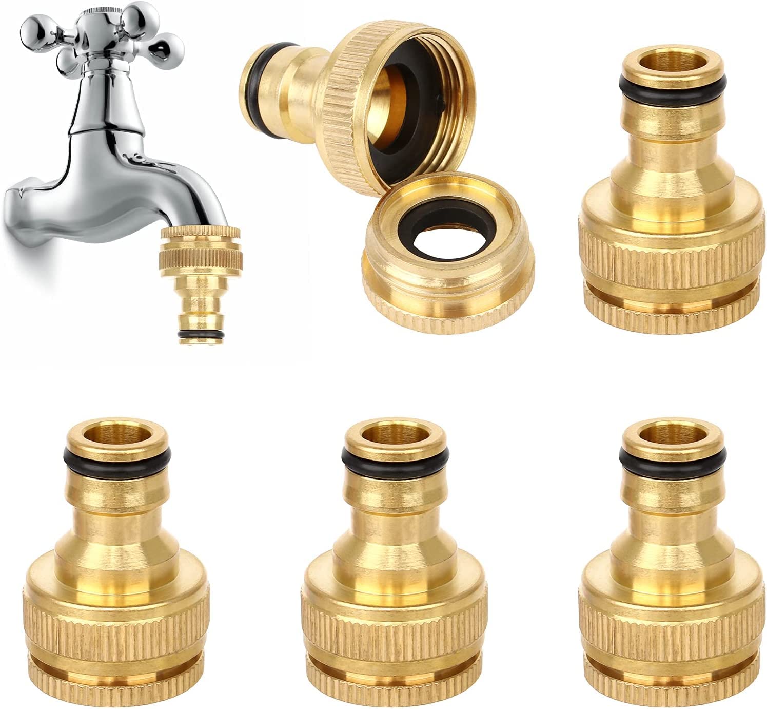 JubaopenPack of 5 Aluminium Hose Connection Tap Connector Female Thread Tap Adapter 1/2 and 3/4 Male Thread Brass Garden Hose