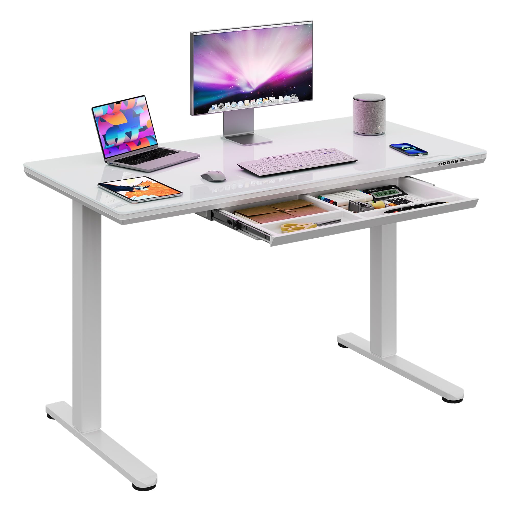 DEVAISE Standing Desk with Drawers, Whole-Piece Glass Adjustable Height Desk, 55 Inch Electric Stand Up Desk, Quick Install, White