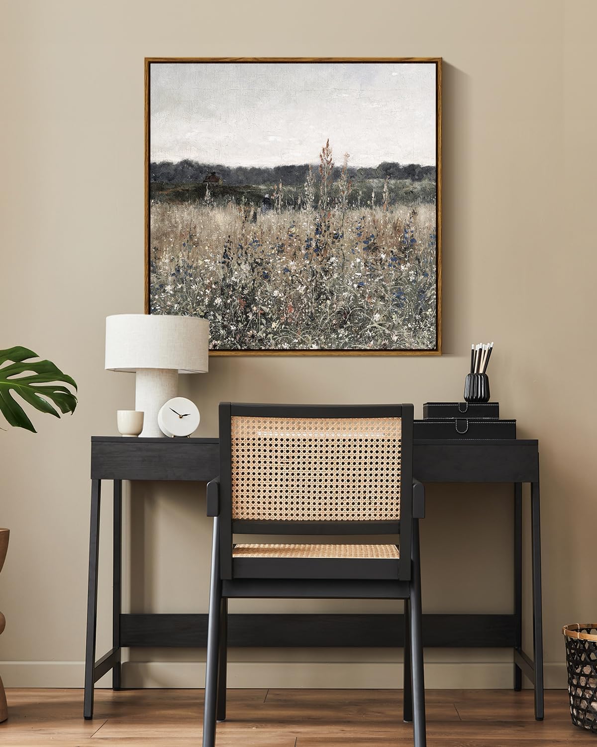 InSimSea Square Framed Canvas Wall Art, Scenery Field Home Decor, Vintage Meadow Flowers Wall Art Prints, Retro Nature Floral Wall Decor for Living Room Bedroom Home Bathroom 24"x24"
