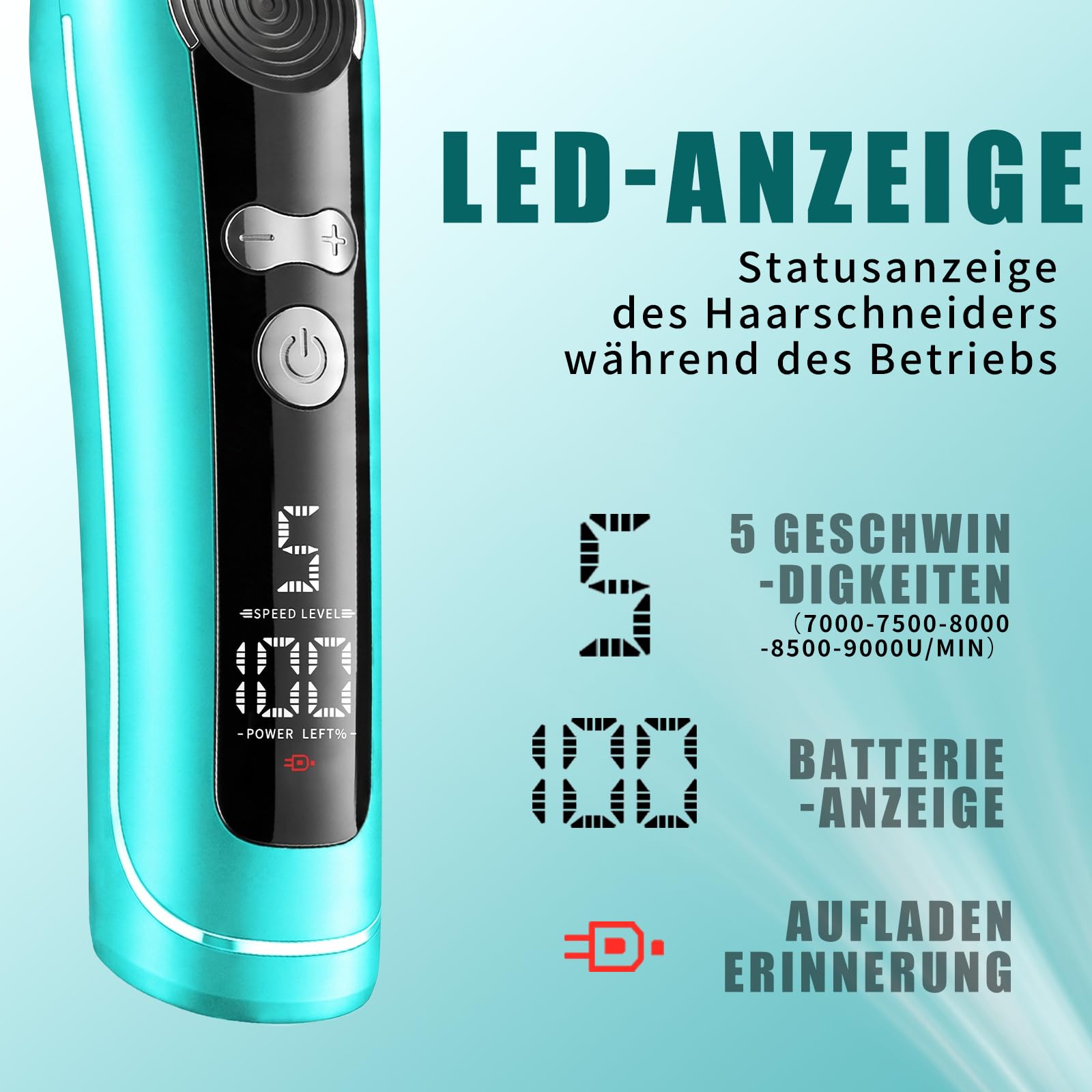 VGR 299 Konturen Haarschneidemaschine Profi, Trimmer Herren mit LED-Display | Kabelloses Haartrimmer Herren Mit Keramik-T-Klinge, 4 FüHrungskamm, 7000 U/Min Motor, 5 Geschwindigkeitsregler