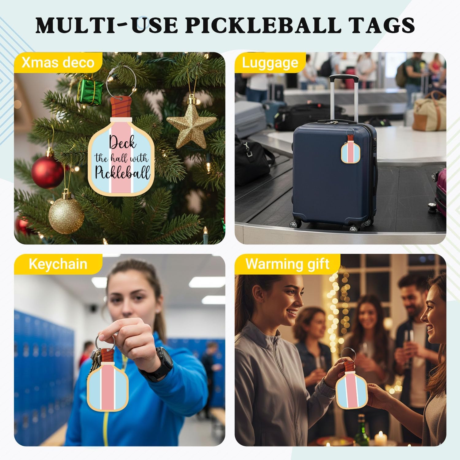 12 Pack Pickleball Gifts Luggage Tags – Pickleball Ornaments for Teams Players, Men & Women. Paddle Shaped Travel ID Name Keychain with Strap, Fun Sports Bag Accessories Party Decoration image 4