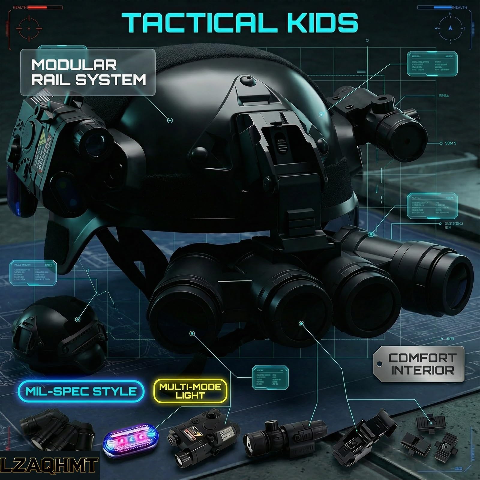 Set Casco Maschera Tattici Per Bambini Con Modello Fittizio Con Visore Notturno A 4 Occhi, Torcia E Occhiali Protettivi - Equipaggiamento Combattimento Multifunzionale Per Cosplay