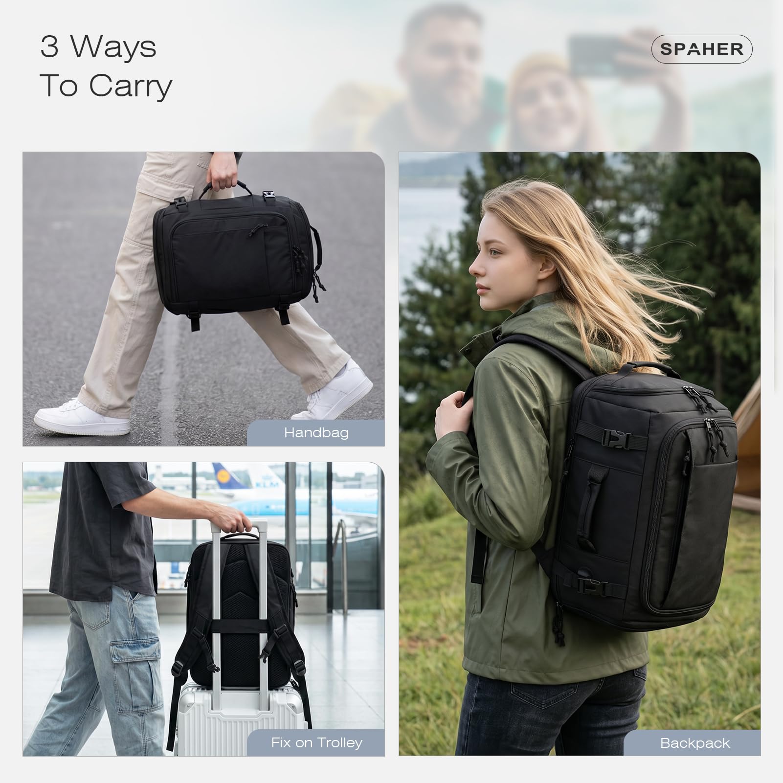 SPAHER Expandible Mochila Viaje Cabina Avión 40x30x15 British Airways 40x30x20 Ryanair Vueling Equipaje de Mano Mujer Hombres Mochila Portatil 15.6 Pulgadas con Puerto de Carga USB, Negro