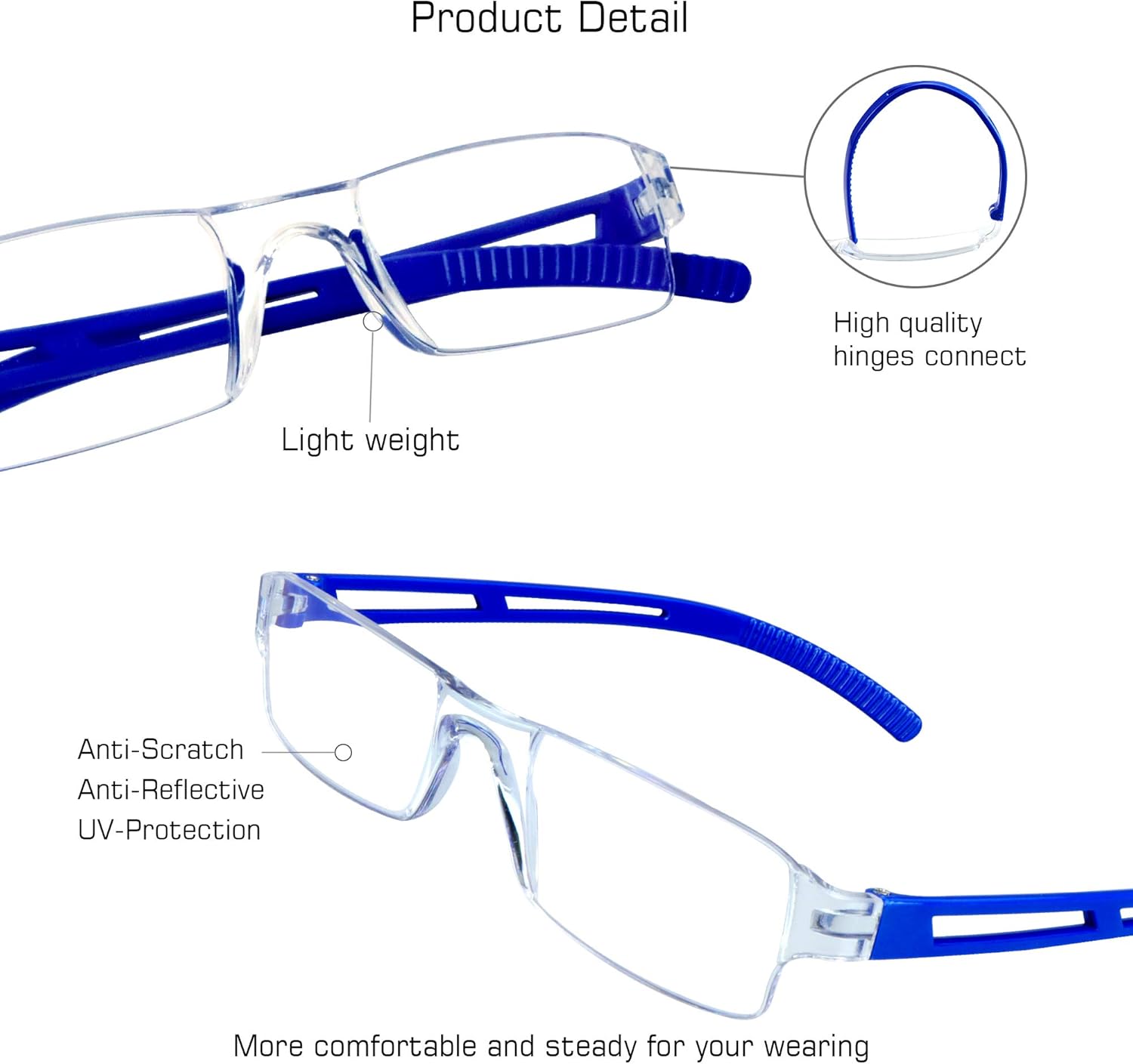 VisionGlobal 5 Pairs Reading Glasses, Blue Light Blocking Glasses, Computer Reading Glasses for Women and Men, Fashion Square Eyewear Frame (Blue,+3.50 Magnification)