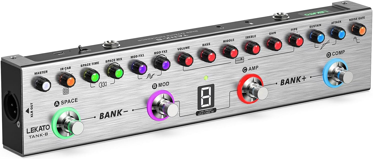 Bass Multi Effects Pedal, Bass Effects Pedal with 36 Presets, Editable 4 Modules, Amp, Compressor, Mod, Space, Reverb, IR CAB, Tuner, BT Connection, Music Recording