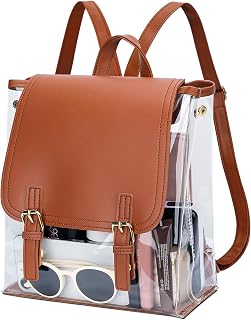 KKXIU Girls Clear Backpack Stadium Approved Transparent PVC Clear Bookbag with Leather for Sports Event, Concert