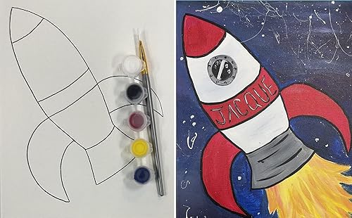 Miniatura 1 de Paint Your Own Pre-Drawn Canvas Kit for Kids, Rocket Theme, DIY Paint Party Kit - Paint Brush & Color Mixing Chart - Handmade & Stenciled (8" x 10")