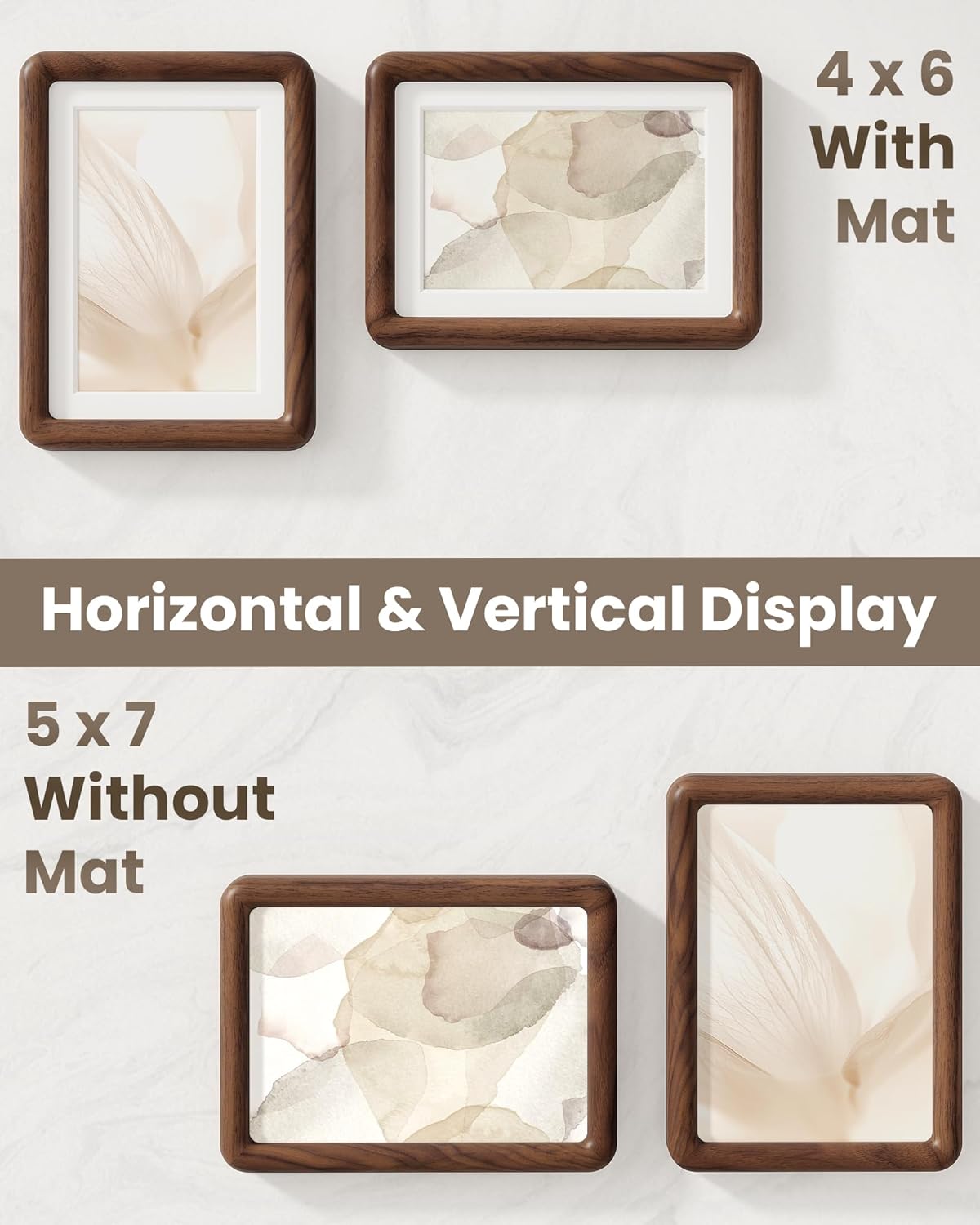 RICHFOCUS 5x7 Picture Frame Natural Solid Walnut Wood Rounded Corner Curved Photo Frame Double Tenon Reinforced with HD Tempered Glass, Display Photos 4x6 with Mat or 5x7 Without Mat